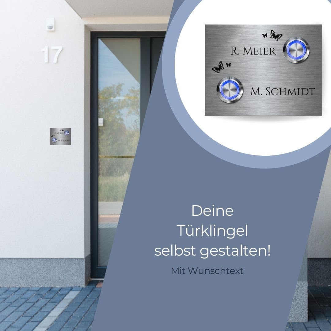 2 Fach Türklingel aus Edelstahl mit Gravur und Namen - Modell Wagner ab 9x7 cm | Klingelplatte mit 2 LED-Klingeltastern | Personalisiert mit Wunschtext und Motiven | Klingel für Mehrfamilienhaus