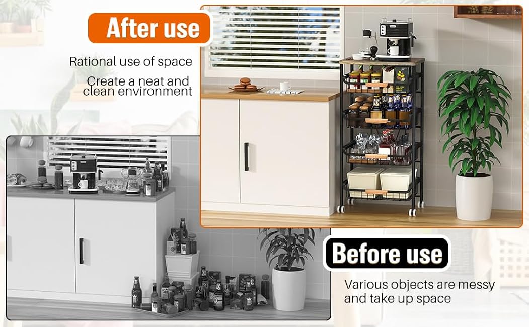 5-Tier Rolling Storage Cart with Wheels, Large Capacity Utility Cart with Wooden Tabletop & Mesh Baskets for Kitchen, Bathroom & Laundry Room-ypDjRnuJ