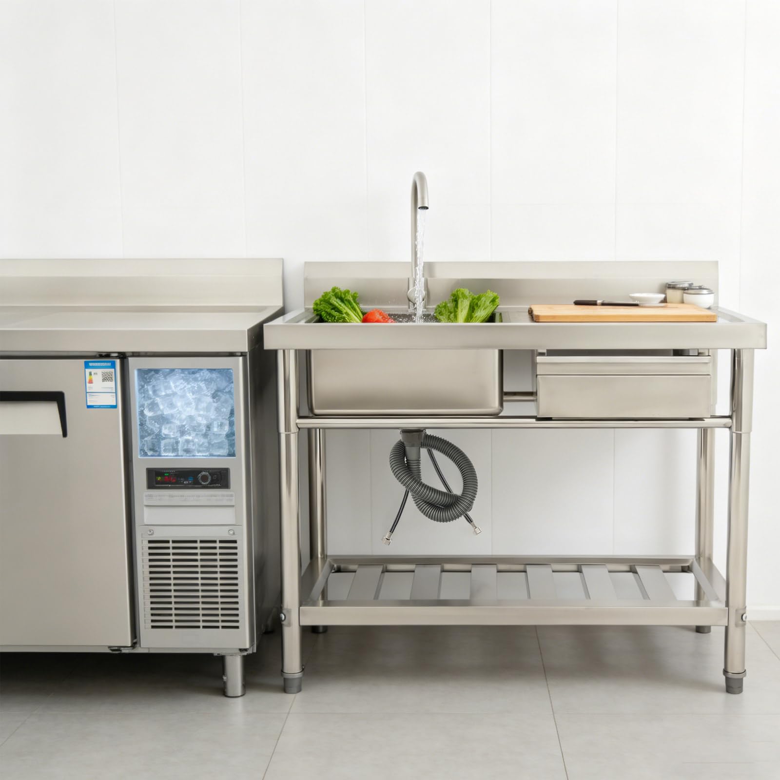 Edelstahl Spültisch 100x60cm mit 360° Armatur Wasserhahn Freistehend | 100*60*80 cm, 1–3 cm Höhenverstellbare Füße mit Arbeitsfläche, Spüle und Unterbau für Küche, Garten und Gewerbe (150kg Max)