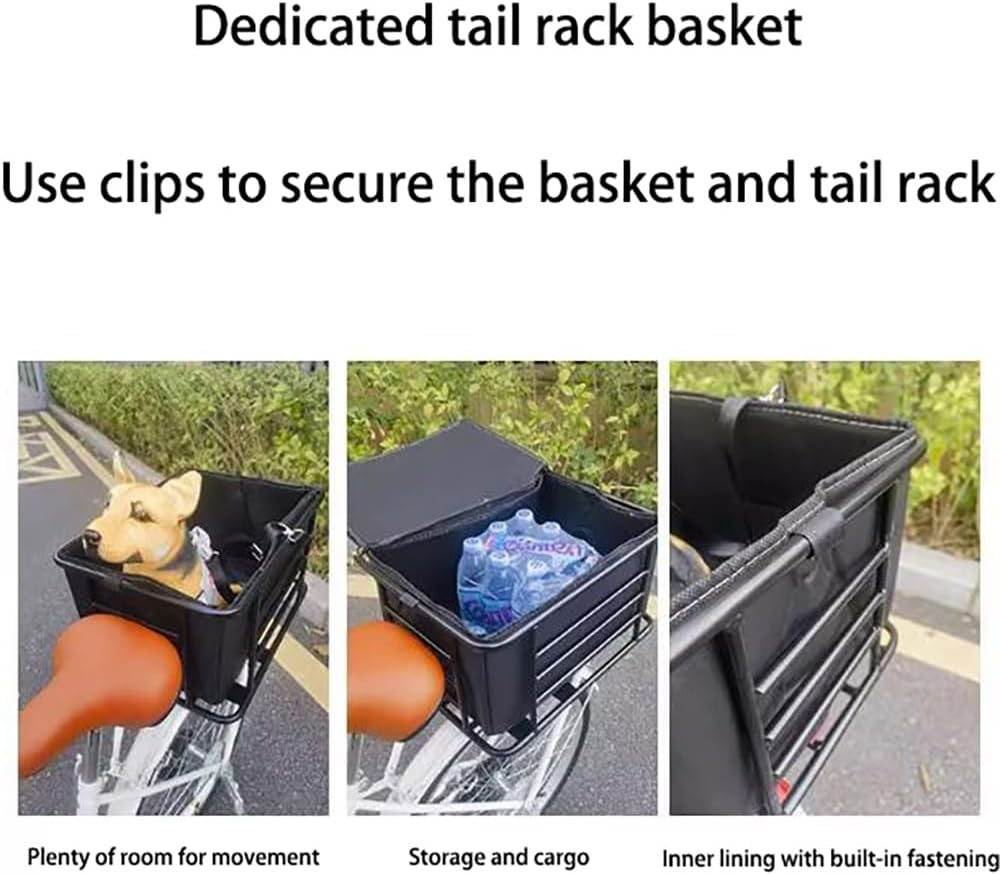 Dog Bike Basket for Rear Rack – Heavy-Duty Pet Bike Carrier with Liner, Safety Leash & Hardware – Bicycle/E-Bike/Moped Dog Seat for Small Dogs & Cats, Quick Install