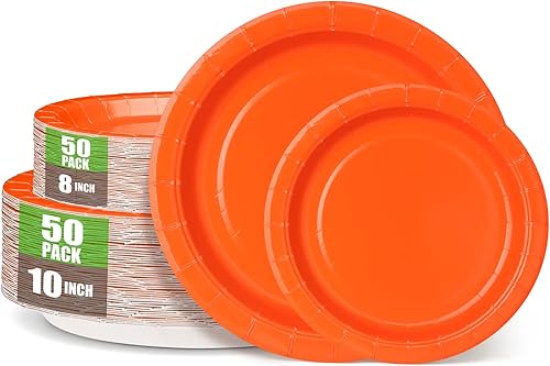 CENLBJ Platos de papel desechables color naranja, platos llanos de 50 x 10 y platos de postre de 50 x 8, suministros de papel de fiesta resistentes disponible en Yaxa Colombia