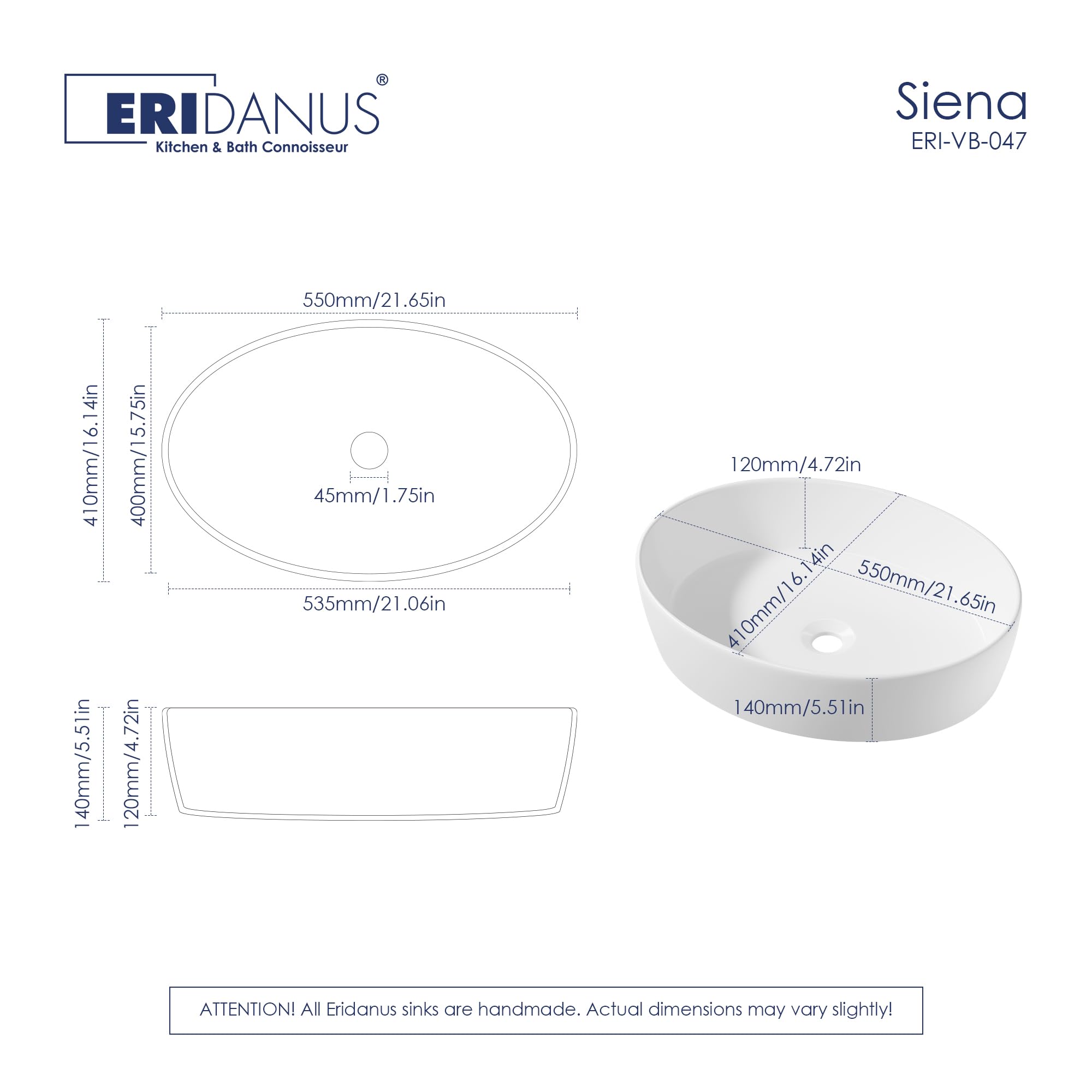 Eridanus Lavabo Oval, Porcelana, Blanco, 550x410mm