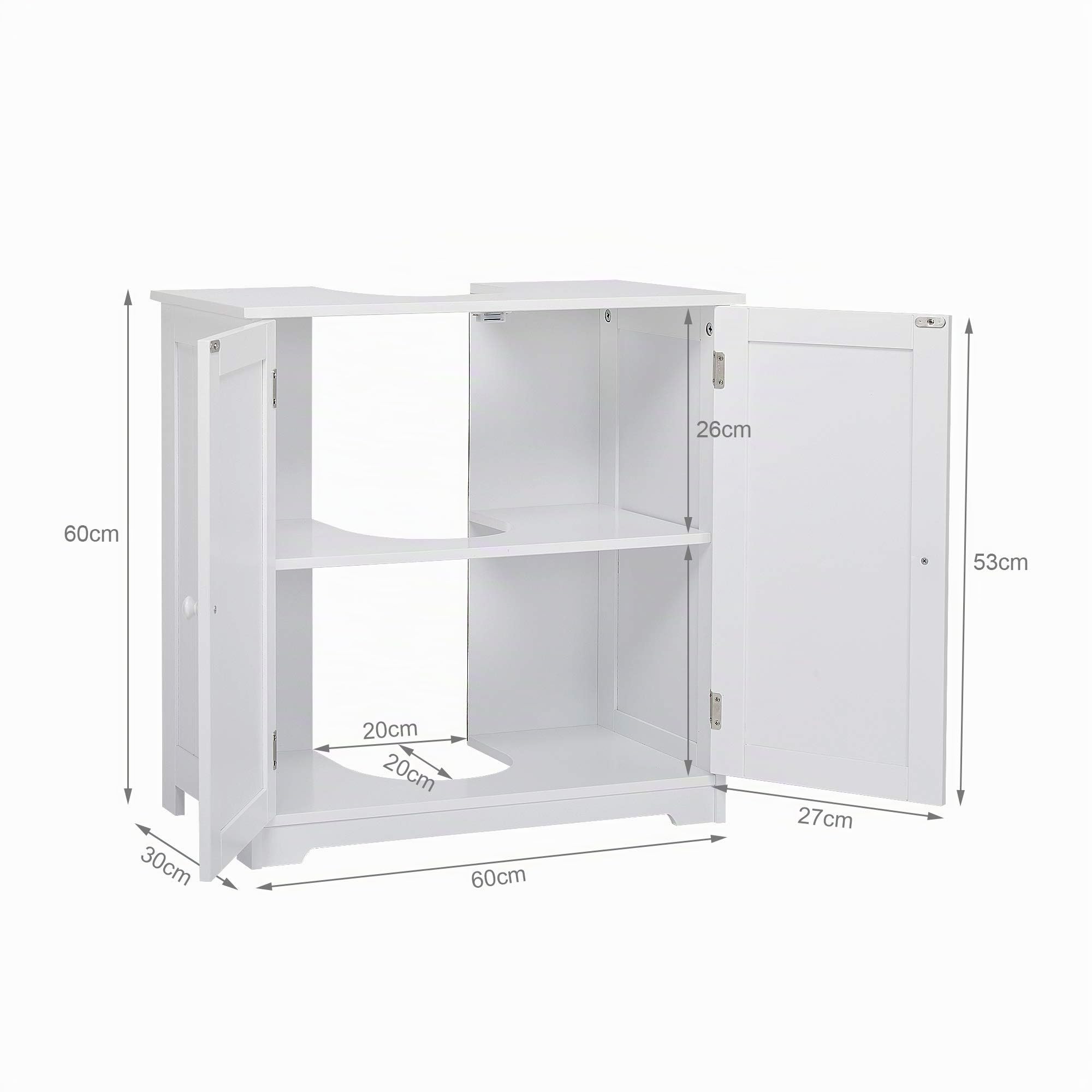 Mondeer Mobiletto Sottolavandino a Terra, Mobiletto in Legno, Armadietto Sottolavabo a Dobbia Ante e Due Ripiani, Salvaspazio, Autoportante, per Bagno, 60 x 30 x 60 cm, Bianco