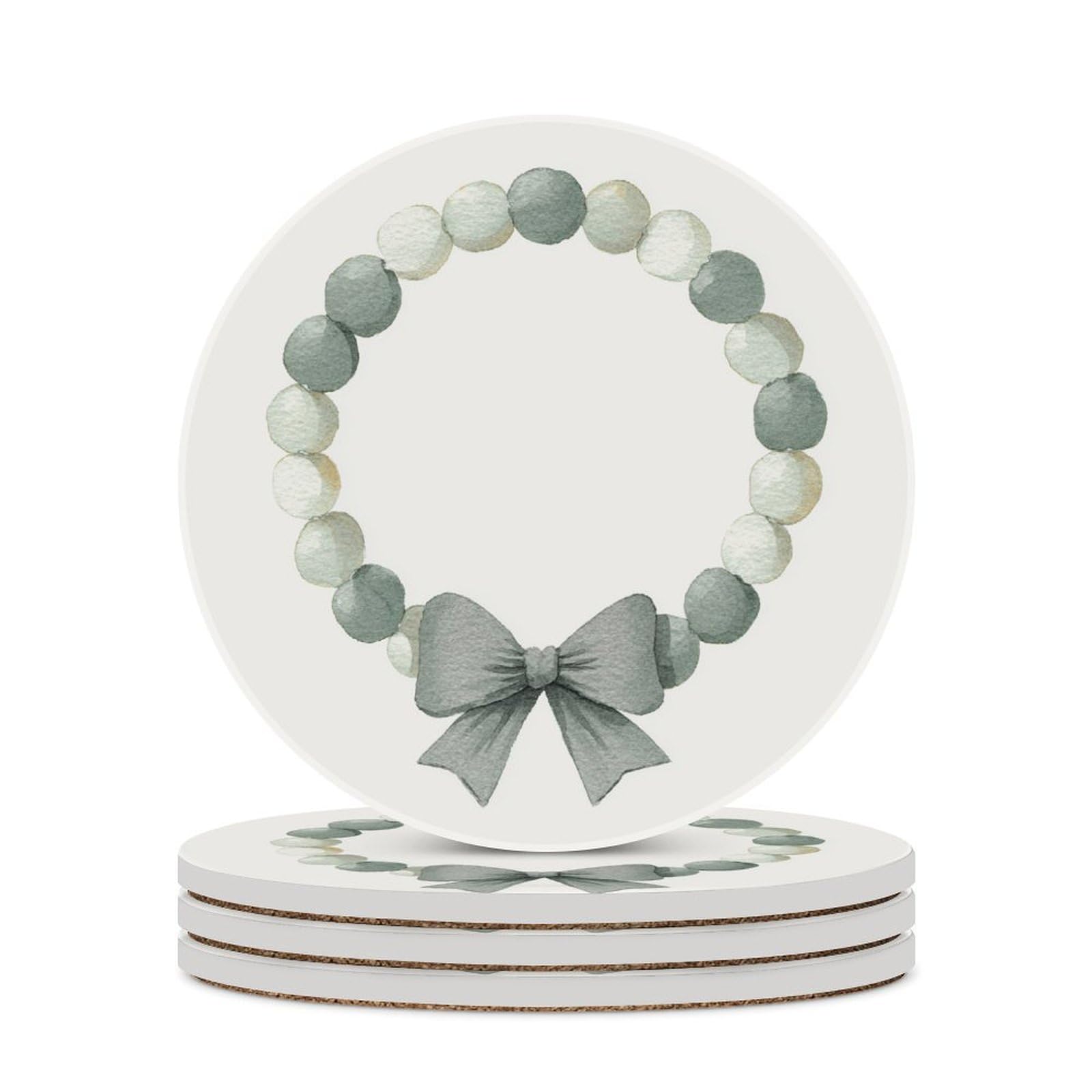 Circular Garland with A Large Green Bow Coasters Set of 4 Absorbent Coasters