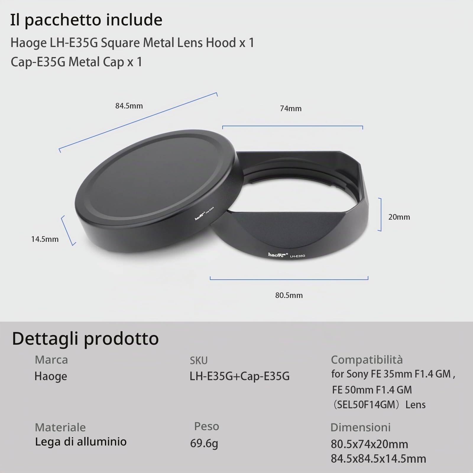 Haoge Paraluce a baionetta quadrato in metallo per Sony FE 35 mm F1.4 GM FE 50 mm F1.4 GM obiettivo (con cappuccio anteriore in metallo), sostituisce Sony FE35mm F1.4 GM Hood ALC-SH164