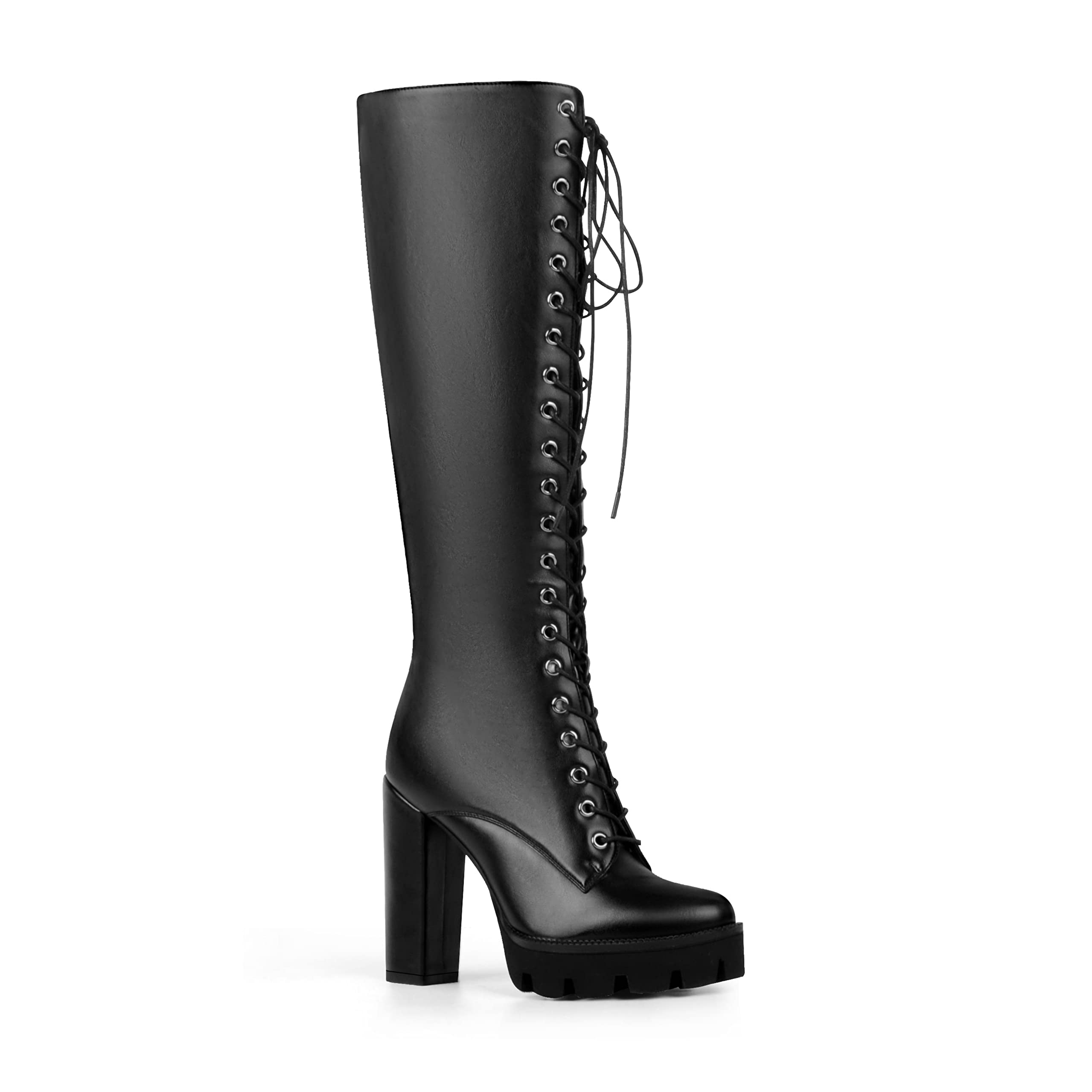 ANN CREEK Womens Black Lace Up Knee High Platform Boots Lug Sole High Chunky Heel Boots
