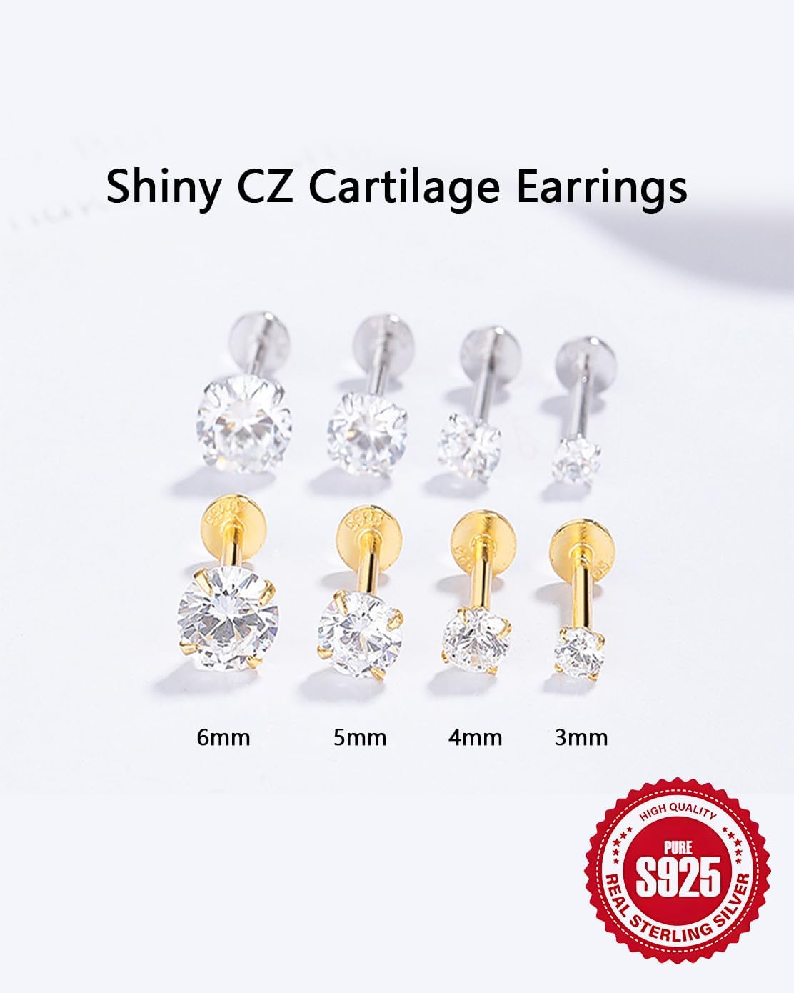 2 PCS 925 Solid Silver Flat Back Studs Earrings 16G Cartilage Helix Piercings Cubic Zirconia Internally Threaded Lip Labret Conch Tragus Screw 3/4/5/6mm Ear Ring Gifts for Her 14K Whitegold Plated