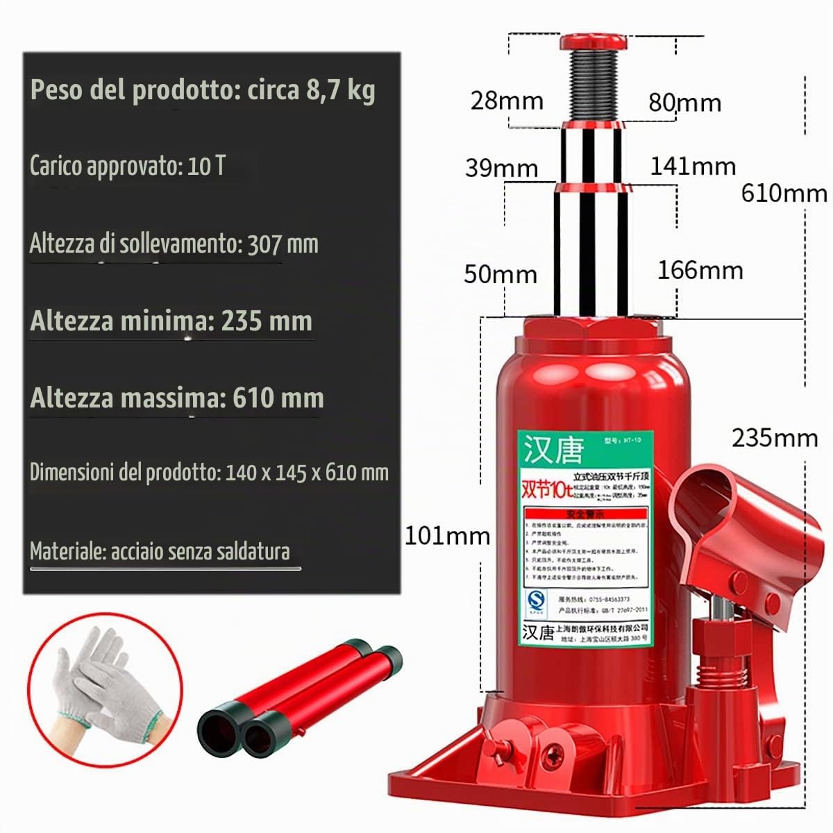 capacità 2/3/6/10T Martinetto Idraulico A Bottiglia A Doppio Pistone Jack A Bottiglia Saldato Martinetto Idraulico Verticale con Manico A Pompa, per Auto Berline SUV,10T
