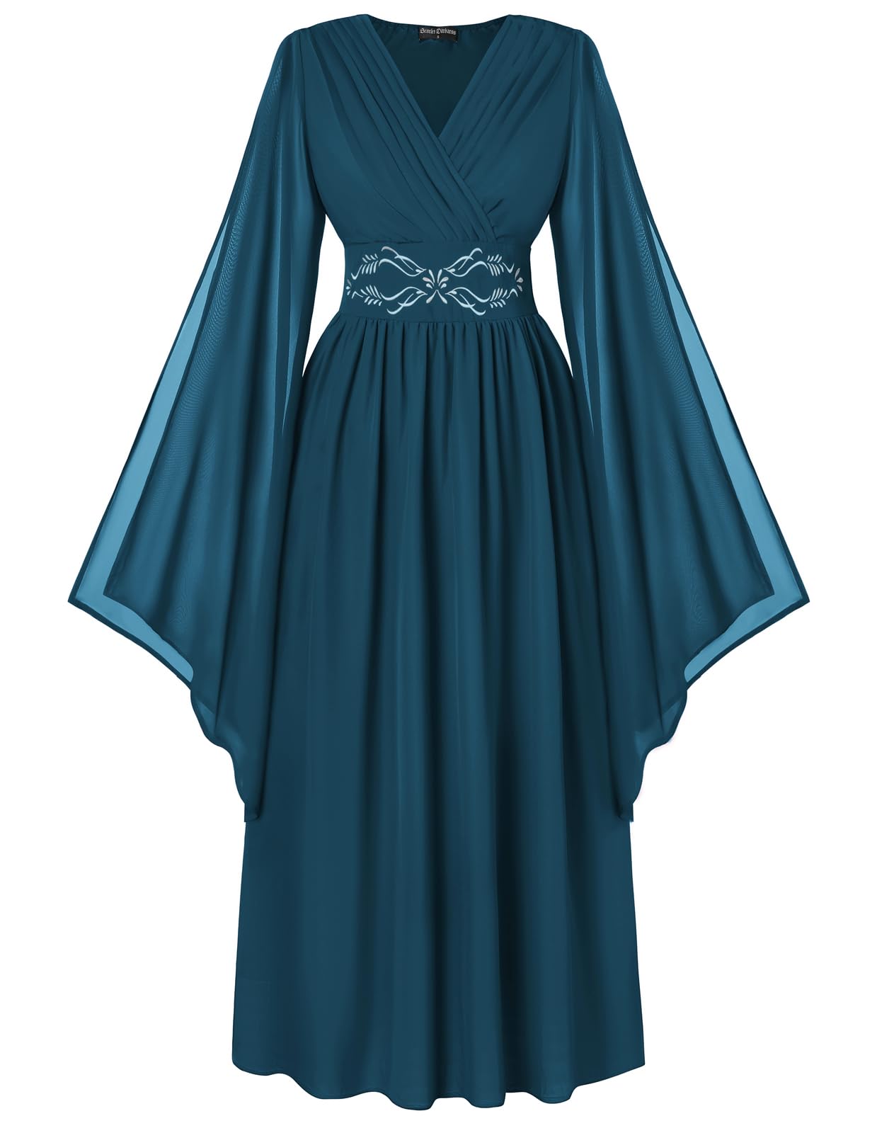 Scarlet Darkness Women's Renaissance Costume Wrap V Neck Medieval Dress Split Bell Sleeve Embroidery Fairy Dresses, Dark Blue, Small