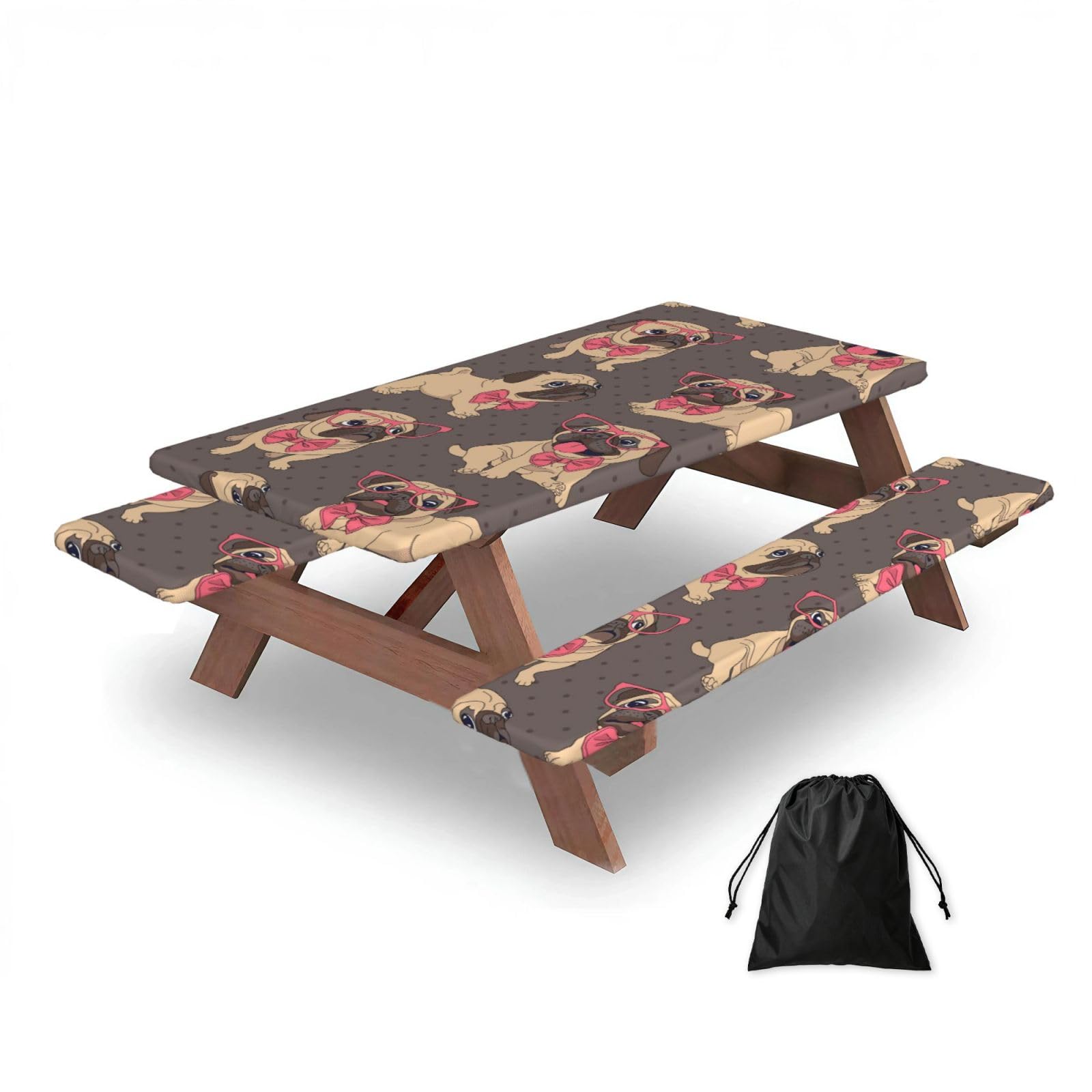 Dopklna As Picture Cartoon Pug Puppy In A Glasses And In A Bow Tie, Picnic Table Cover With Bench Covers -Waterproof Elastic Fitted Tablecloth For Garden Camping Patio 76X152cm