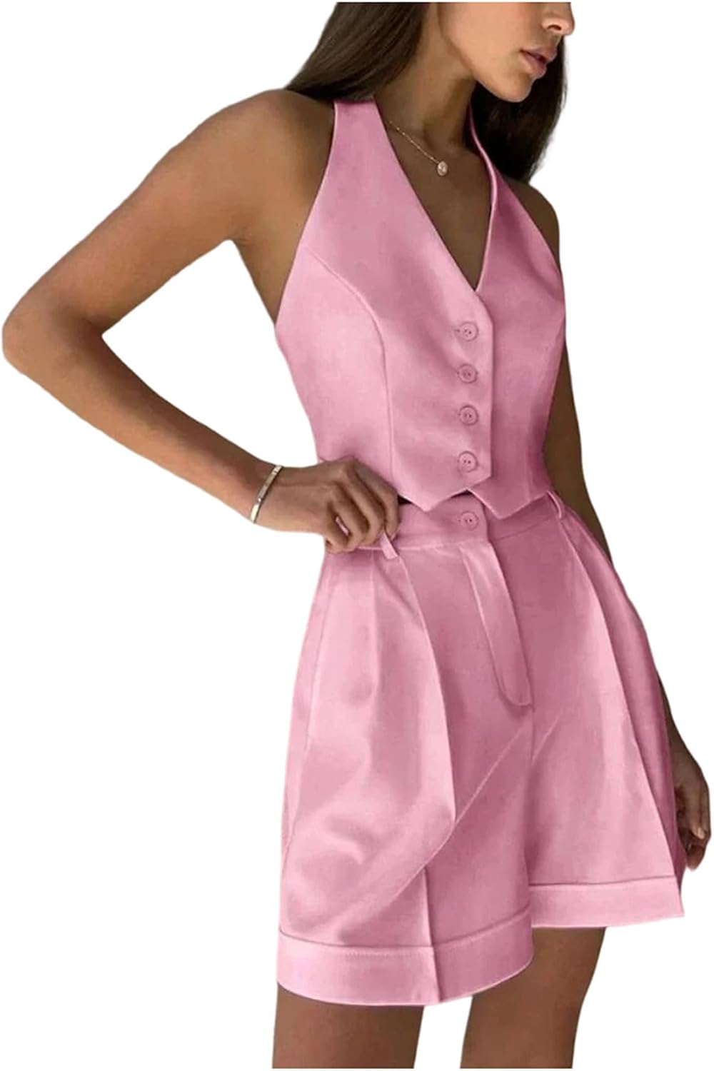 Hcclijo Open Back Sleeveless Vest Shorts Set, malist Elegant Two Piece Top And Bottom Outfits
