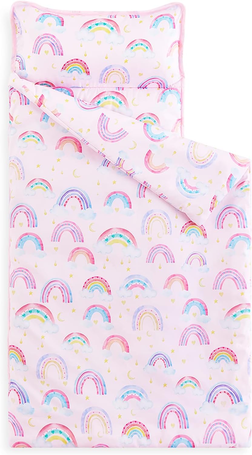 Wake In Cloud - Toddler Nap Mat with Pillow and Blanket, for Kids Girls in Kindergarten Daycare Preschool Pre K, Roll Up Sleeping Bag, Colorful Rainbows, Light Pink, Extra Long