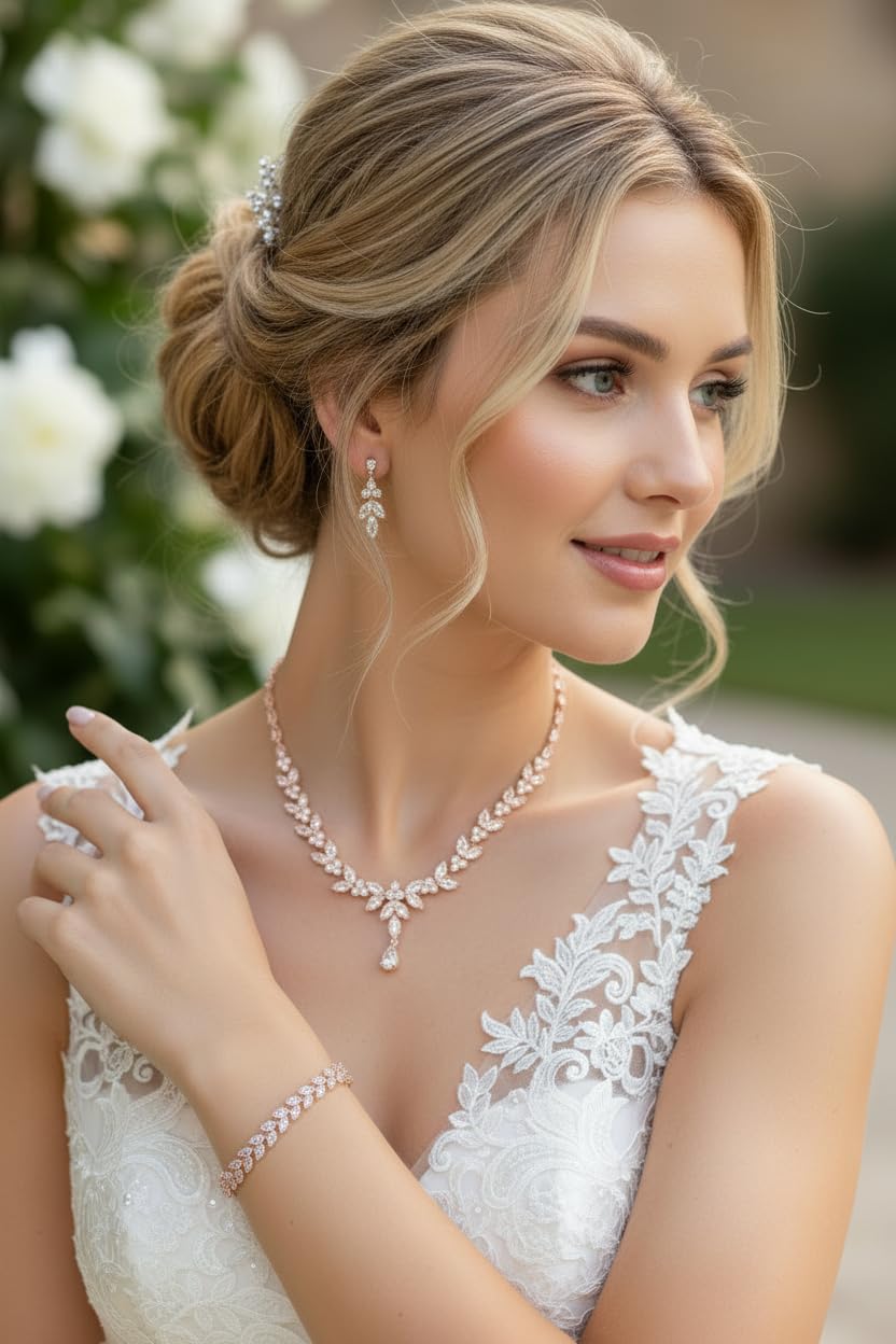 Roségold Zirkonia Schmuckset Halskette Ohrringe Armband Diadem Brautschmuck Hochzeit Kommunion Abiball Collier