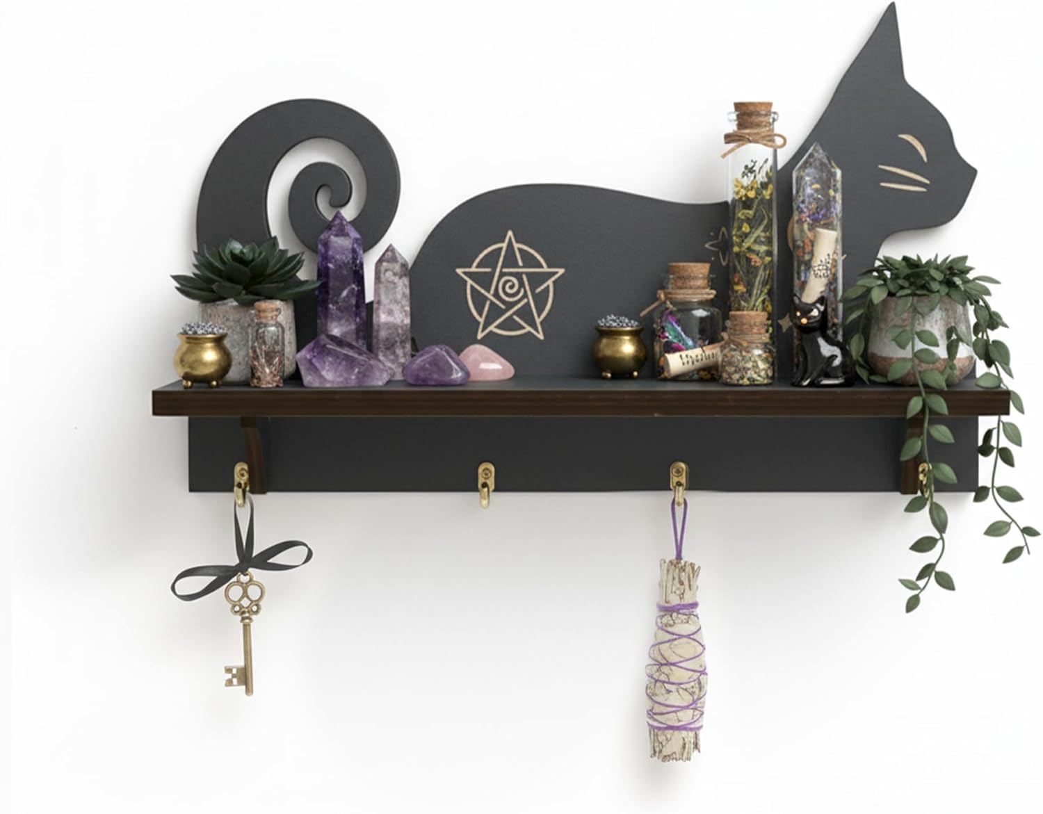 Cat Crystal Shelf Display for Wall, Witchy Home Decor, Floating Wall Shelves for Rock Gem Healing Stones, Crystal Holder Organizer, Gothic Trinket Knick Knack Shelf