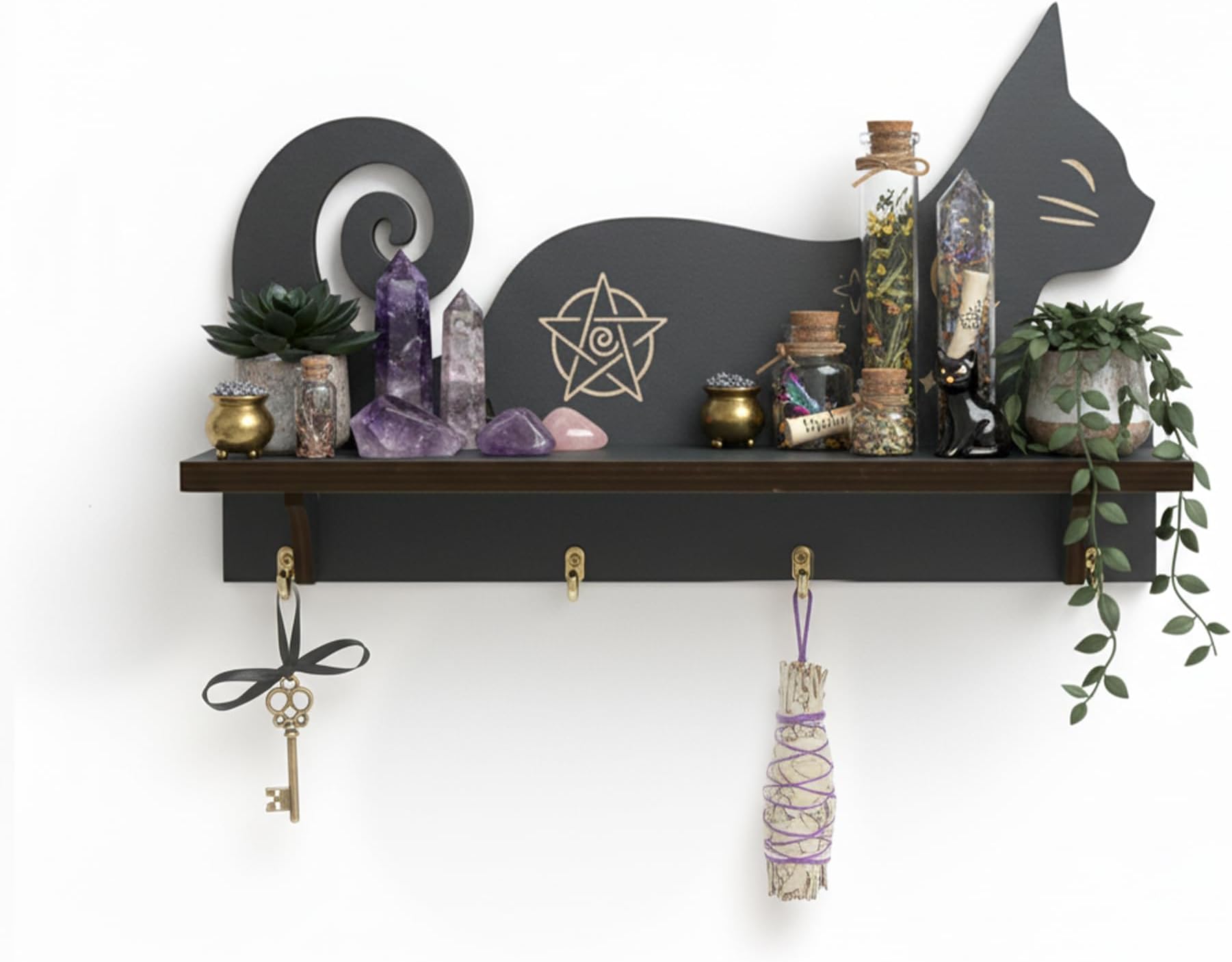 Cat Crystal Shelf Display for Wall, Witchy Home Decor, Floating Wall Shelves for Rock Gem Healing Stones, Crystal Holder Organizer, Gothic Trinket Knick Knack Shelf