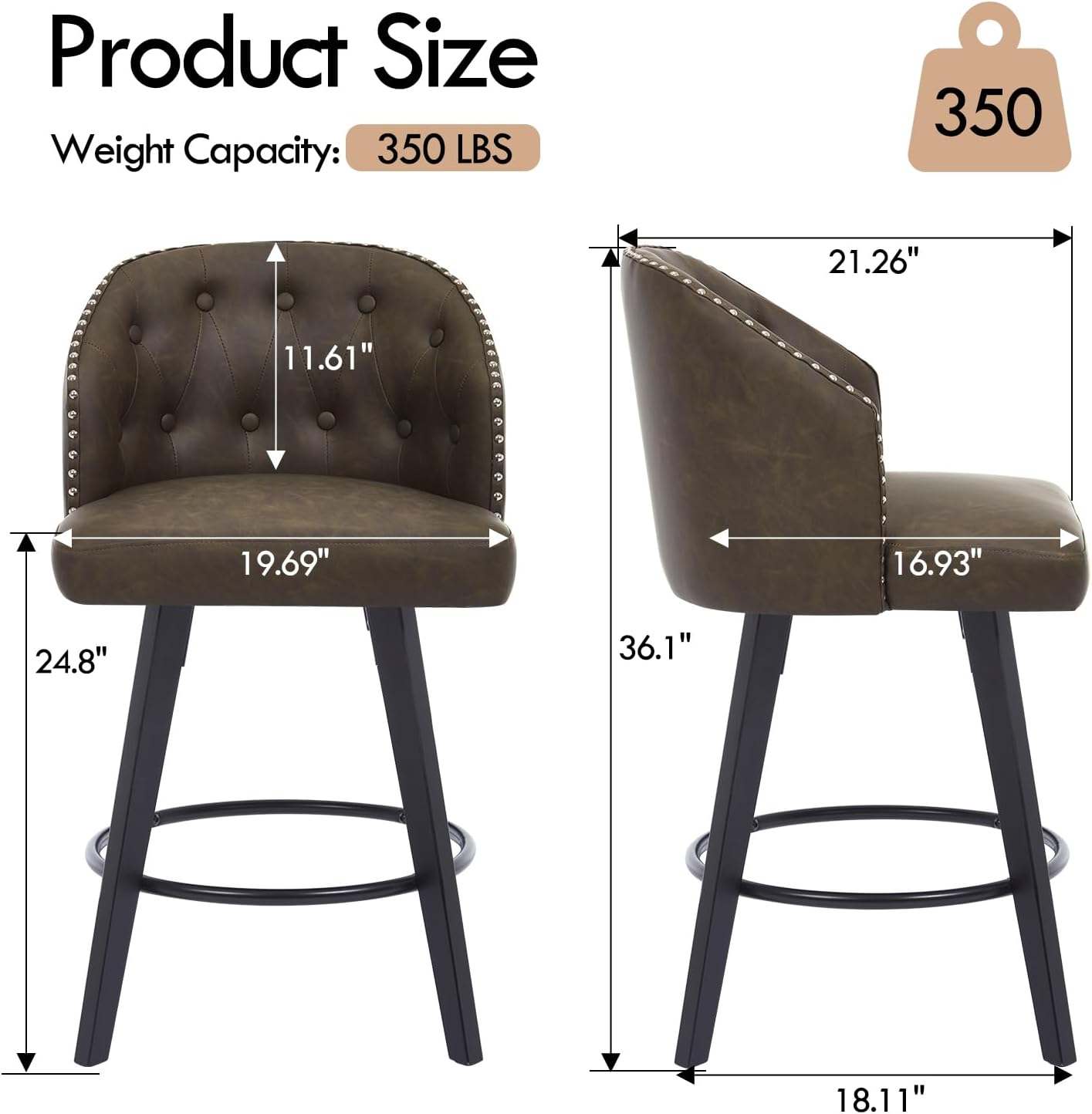 Swivel Bar Stools Set of 2, 25" Counter Height Bar Stools with Faux Leather Upholstery, Tufted Back & Nailhead Trim, Wooden Legs with Footrest, Modern Barstools for Kitchen Island, Brown