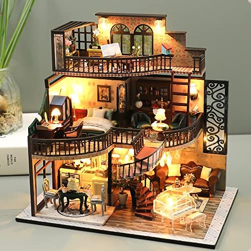 CUTEBEE DIY Miniature Dolls House Kit, Wooden DollHouse with Furniture and LED Light, Model kits for adults to build, 1:24 Scale Creative Mini Room Idea (Dream Building Pavilion House)
