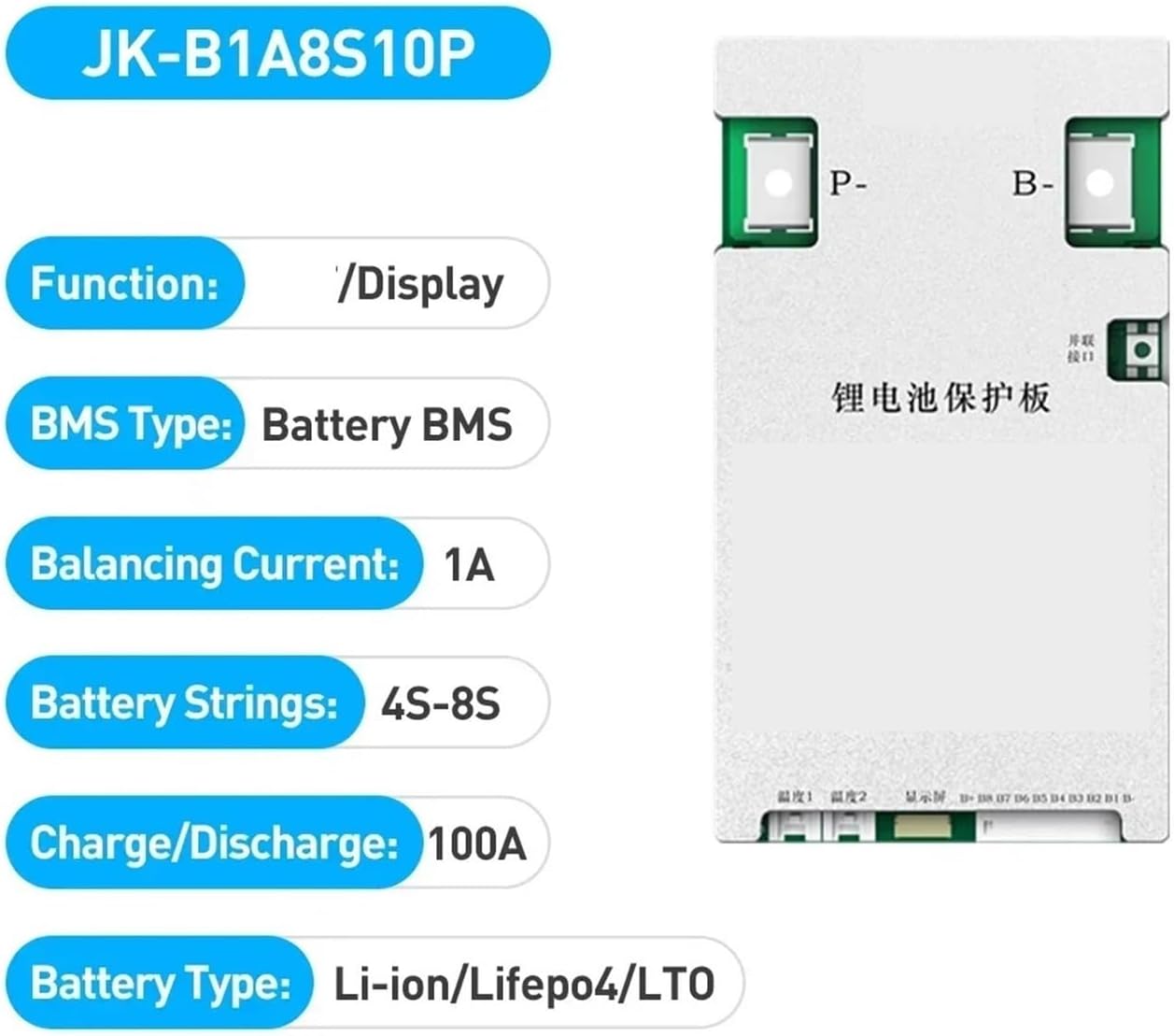 Battery Equalizer BMS 4S-24S 100A - 200A Lithium-ion Battery Protection Board BMS Balance 4S 8S Current 0.6A-2A(JK-B1A8S10P)