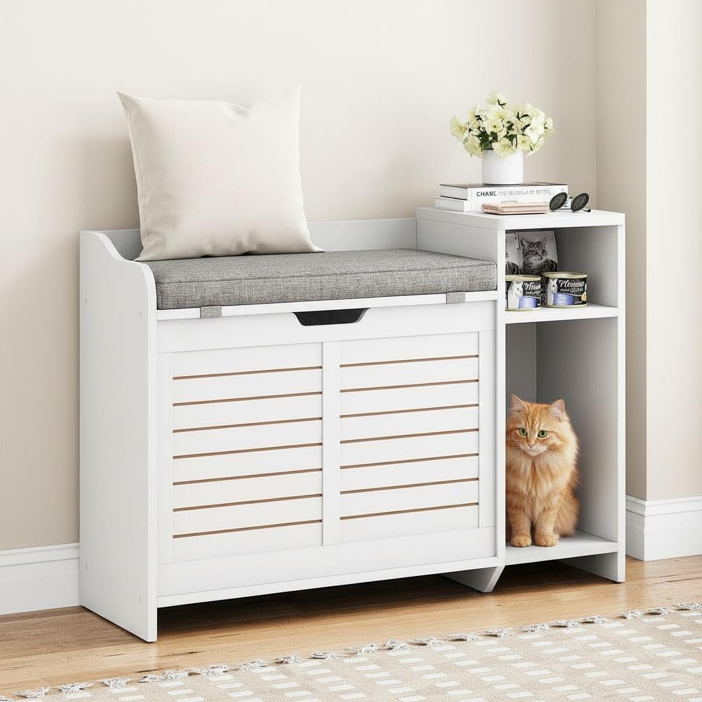 Hipicute 34 Inch Wide Cat Litter Box Enclosure Furniture, Cat Litter Box Furniture Hidden Top Entry, Soft Pad, White