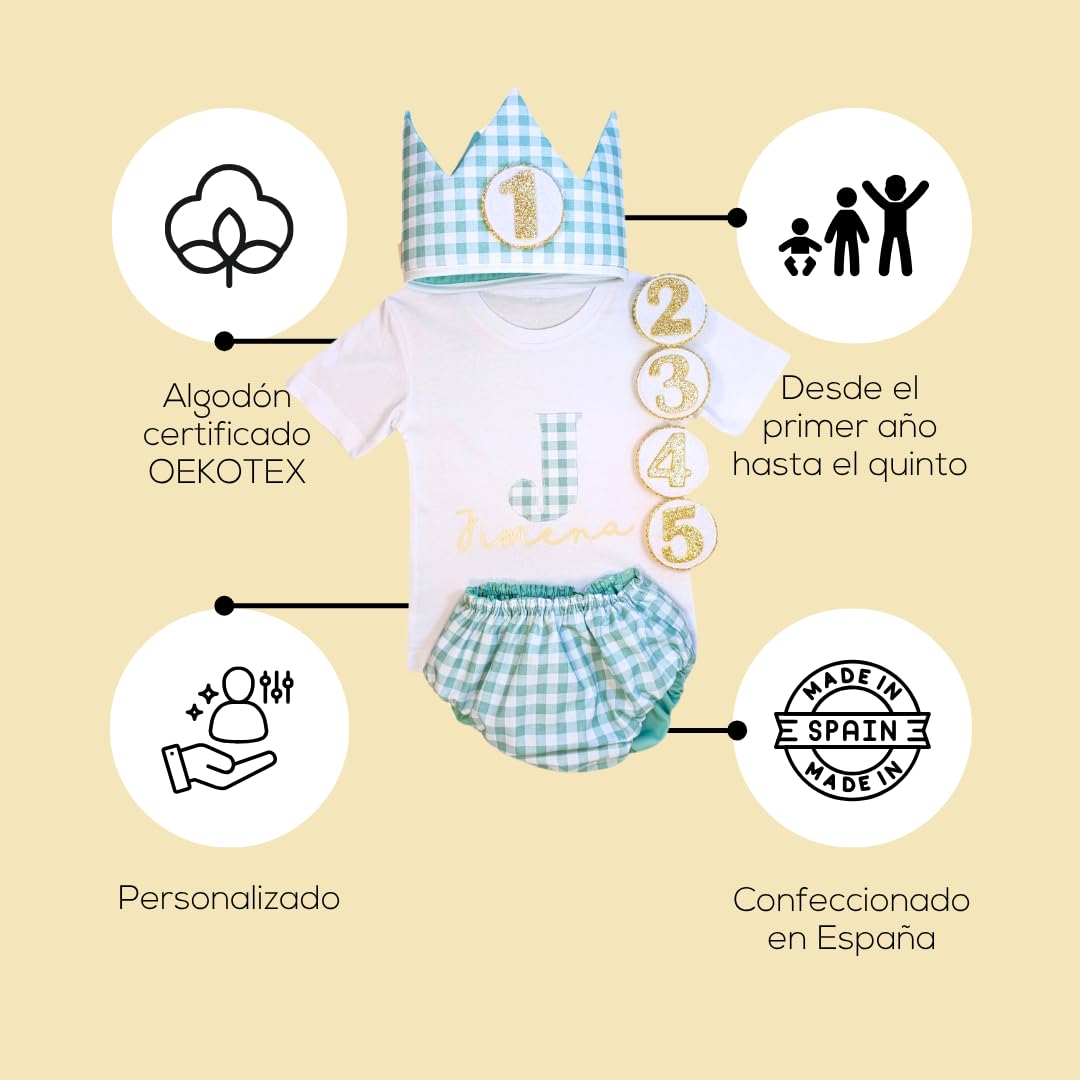 Conjunto Cumpleaños 1 año Personalizado - Camiseta con nombre Bebé - Regalo primer cumpleaños - Smash Cake - Corona cumpleaños (Vichy Rosa)