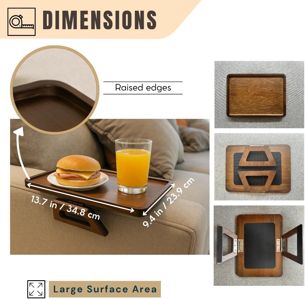 Sofa Table Tray - Bamboo Couch Armrest Table Universal Fit - Sofa Table With Non-Slip Pads to Keep Things in Place -13 x 9.5 Inch – Armrest tray table for couch – (Brown)
