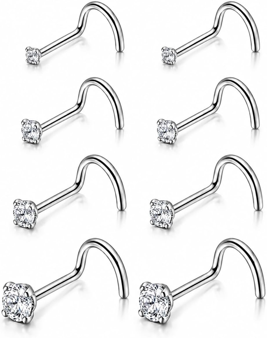Titanium Corkscrew Nose Studs 20G Cubic Zirconia Piercing Jewelry Nose Rings for Women Men 8Pcs Set