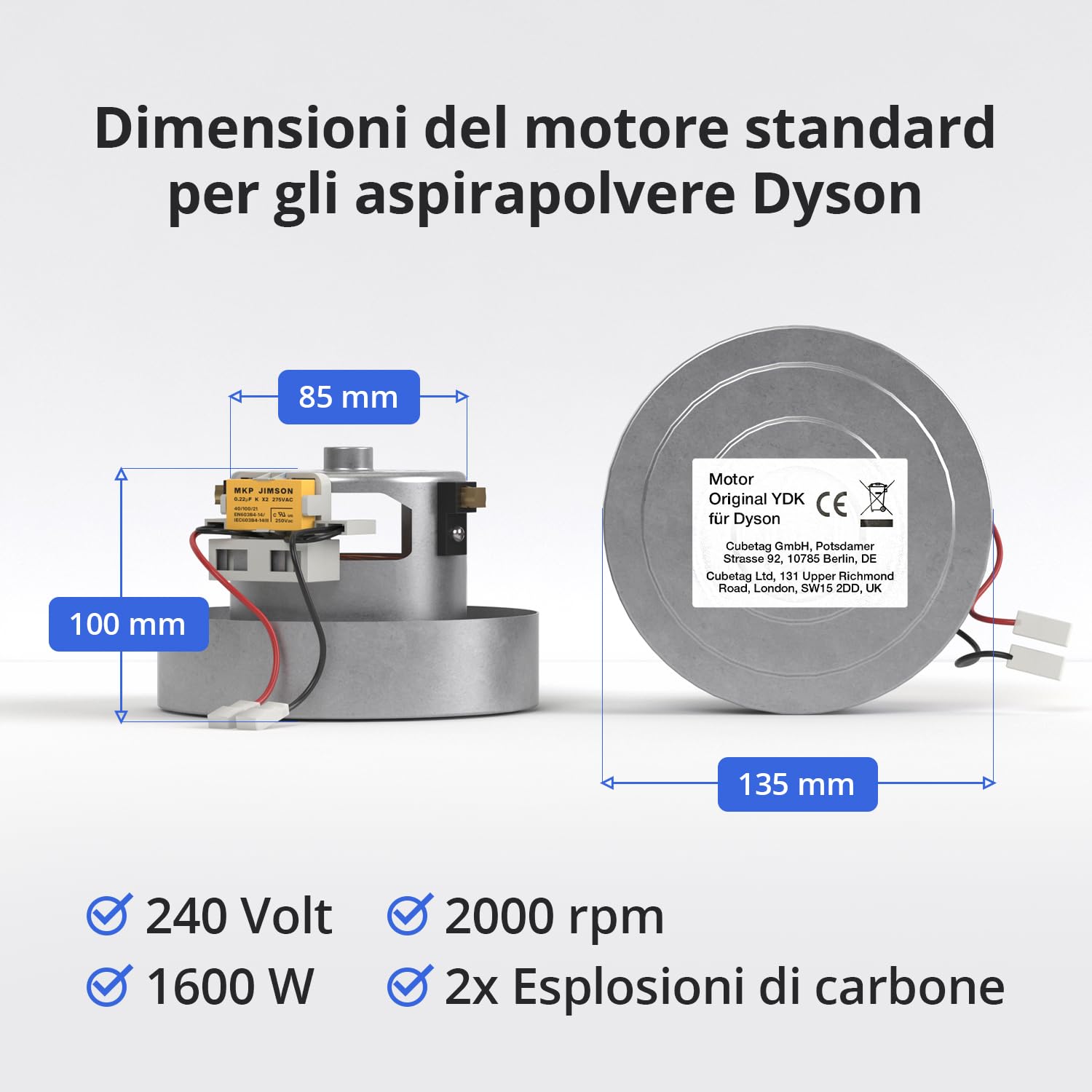 Kenley Motore 240V YDK per Serie di Aspirapolvere Dyson DC05 DC08 | Compatibile Con DC08i DC11 DC19 DC19i DC19dB DC19dBi DC19T2 DC20 DC21 DC29 / 905358-06, 905358-05, 911933-01, 90399806