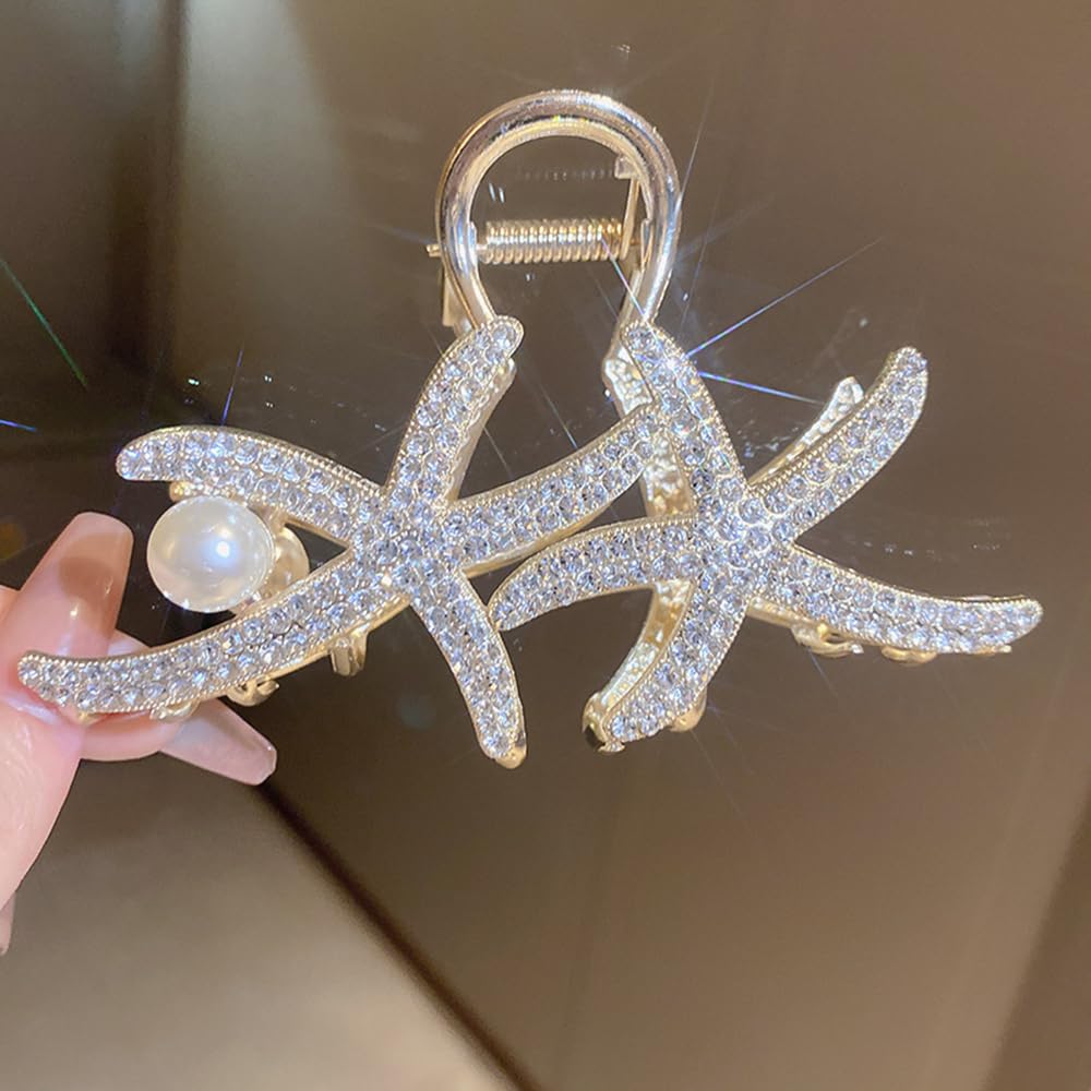 Jumwrit Pinza para el pelo con diamantes de imitación brillantes, estilo bohemio, doble estrella de mar, clip de mandíbula de metal grande para el pelo, fuerte sujeción de perlas de imitación,