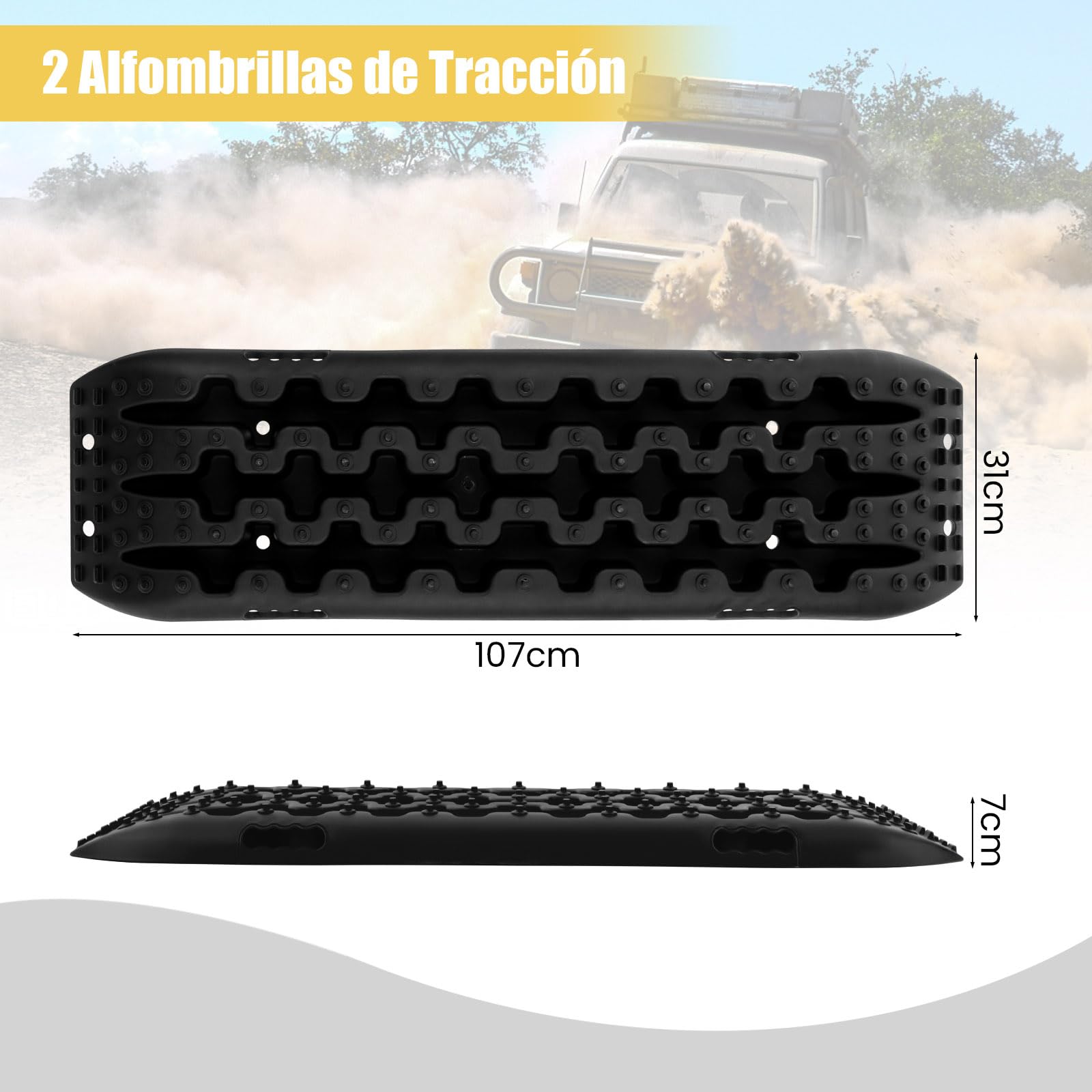 GOPLUS Tablas de Recuperación Todoterreno, Juego de 2 Alfombrillas de Tracción, Extracción de Vehículos de Arena, Barro, Nieve, Carga 10T (Negro, 107 x 31 x 7 cm)