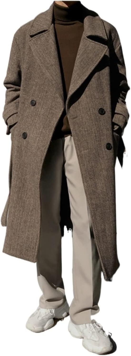 楽天ランキング1位 メンズコート Rui Na Xin ウィンターヘビーウールオーバーコート メンズバージョンニーレングスウインドブレーカールーズヘリンボーンコート L Size Brown Color コート ジャケット Awacc Org