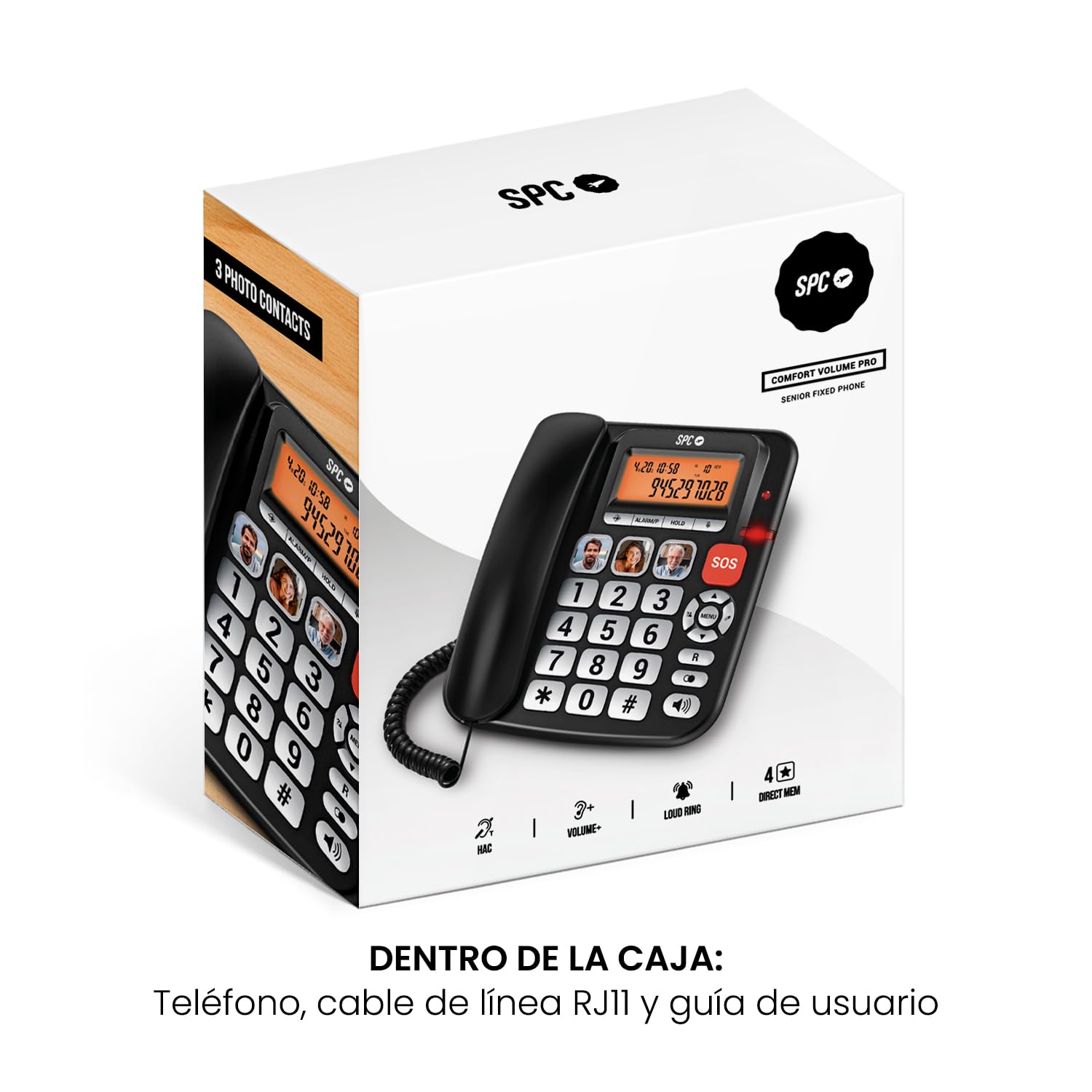 SPC Comfort Volume Pro – Teléfono Fijo para Mayores Teclas Grandes, Timbre Muy Alto y Pantalla iluminada | Volumen Llamada amplificable +20dB | Memorias directas, SOS y Compatible audífonos – Negro