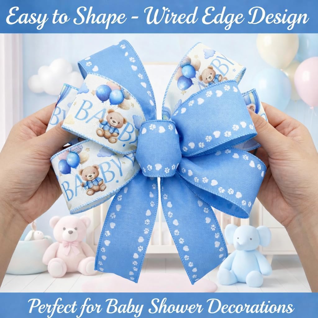 2.5 Inch Baby Shower Ribbon for Boy - Blue and White Bear Paw Decorations Wired Edge Ribbon Craft for Gift Wrapping, Bows, Wreath, Party Decor - Gender Reveal Ribbon for Boxes Bags, 2 Rolls,10 Yard