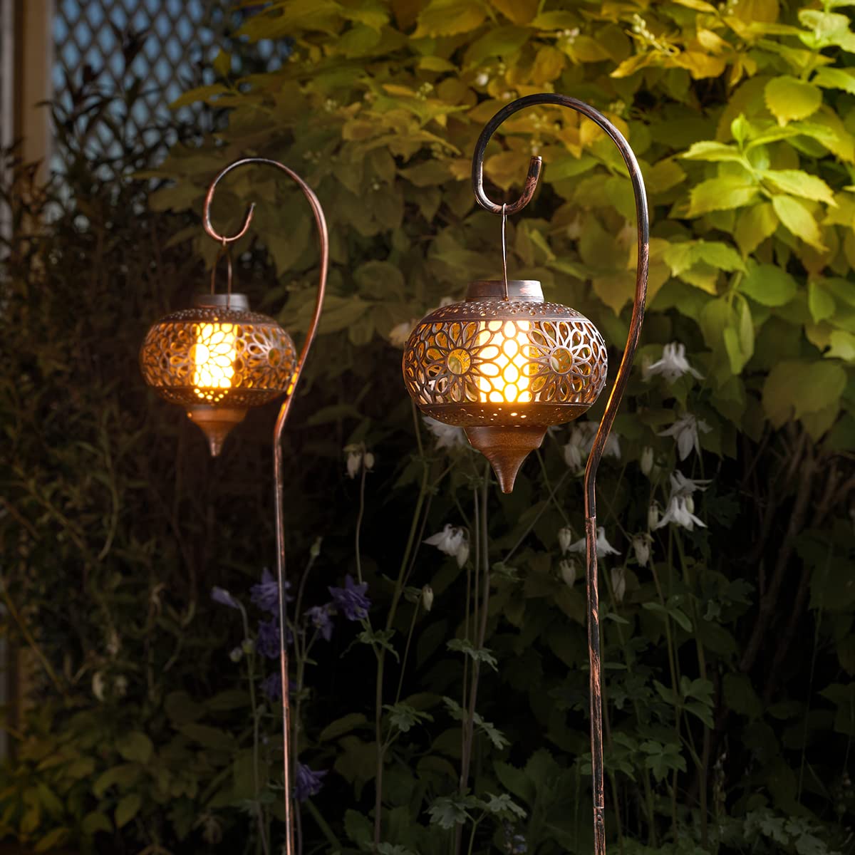 Festive Lights - Pack of 2 Osman Solar Flame Effect Copper 2-in-1 Lantern Stake Lights - 92cm Height, 12 Amber LEDs, IP44 Outdoor Pathway Border Lighting - Integrated Panel, Batteries Included