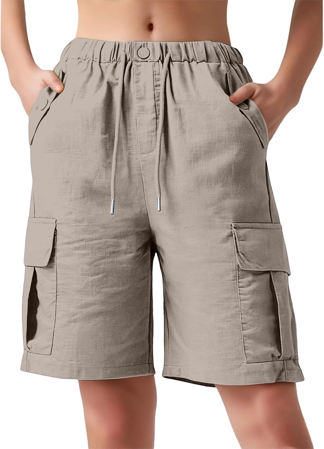 hamovessi Baggy Cargo Shorts Women Drawstring High Waisted Wide Leg Linen Shorts Y2k Knee Length Bermuda Shorts with Pockets