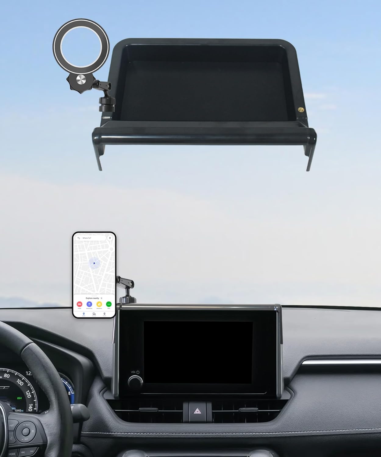 Car Phone Holder for 2019-2025 Toyota RAV4 Accessories Apply to 7/8 Inch Screen Fixed Clip Magnetic Cell Phone Mount Hands-Free 360 Degree Rotation with Dashboard Storage Tray