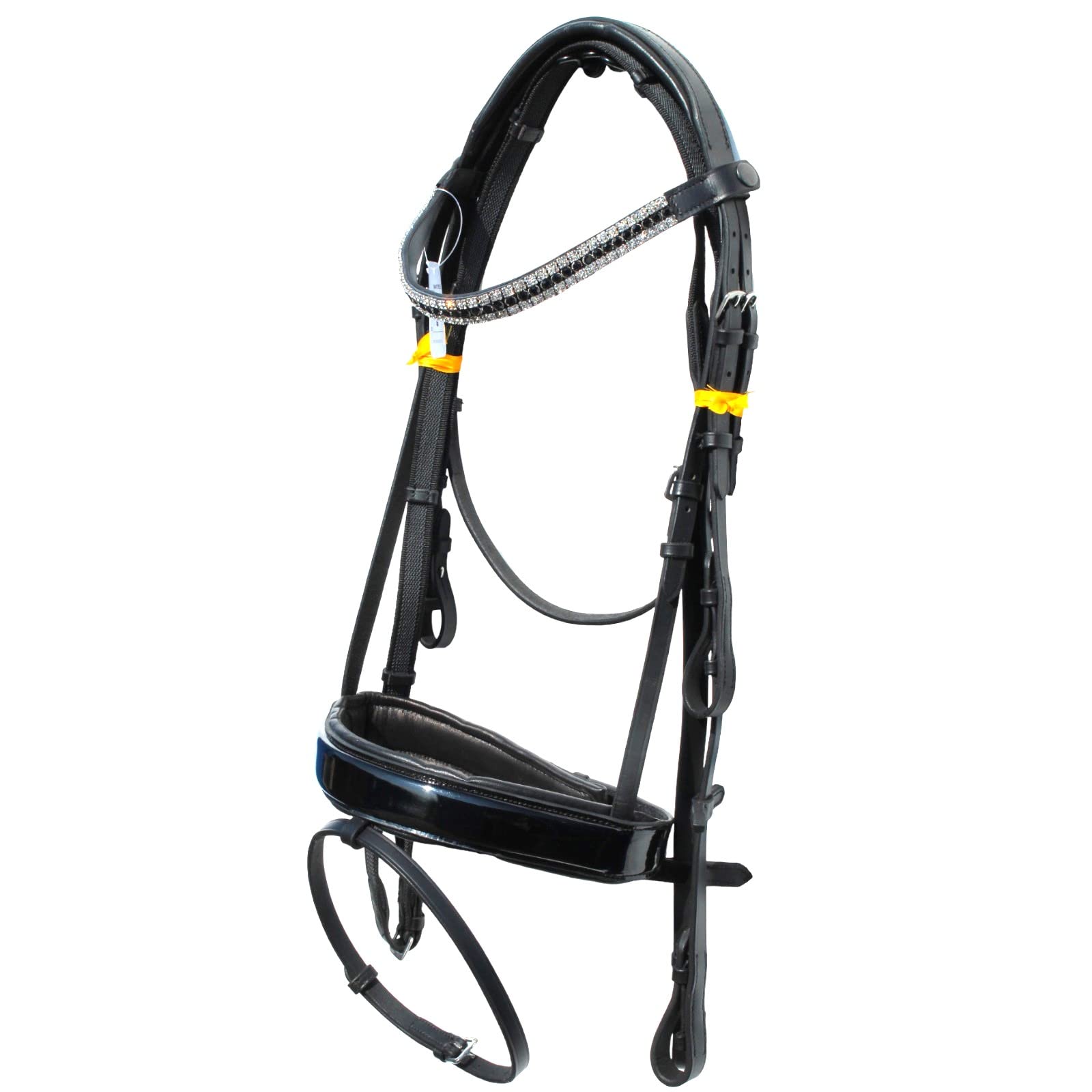 LEATHER HORSE DIAMANTE SHOW BRIDLE WITH PATENT LEATHER NOSEBAND & FREE REINS (BLACK) (COB)