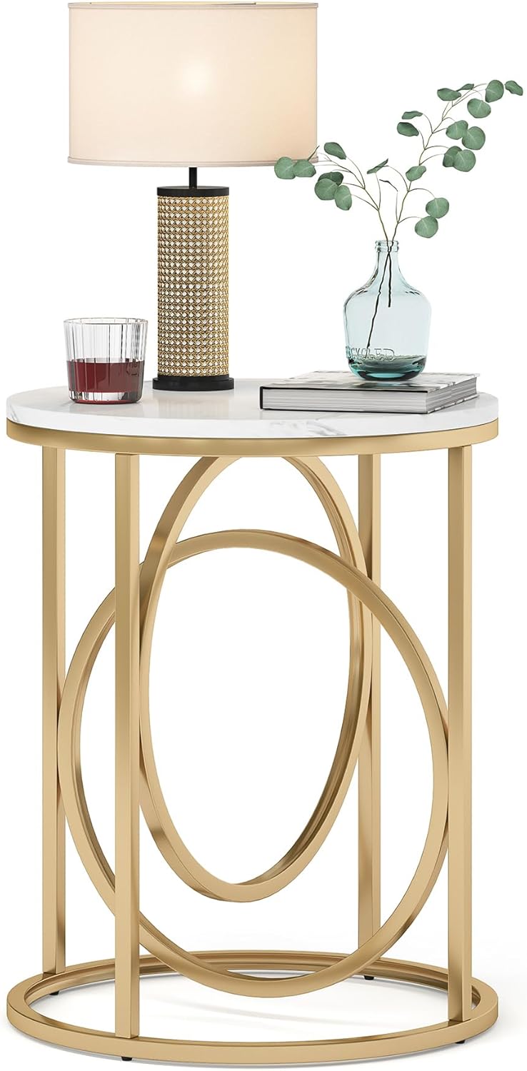 LITTLE TREE 20” Round End Table?Modern Sofa Side Table with Gold O-Shaped Base, Faux Marble White Cocktail Table Accent Table Nightstand for Living Room Bedroom Faux Marble White+gold