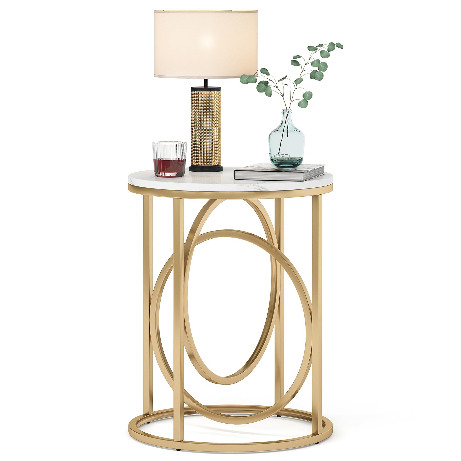 LITTLE TREE 20” Round End Table，Modern Sofa Side Table with Gold O-Shaped Base, Faux Marble White Cocktail Table Accent Table Nightstand for Living
