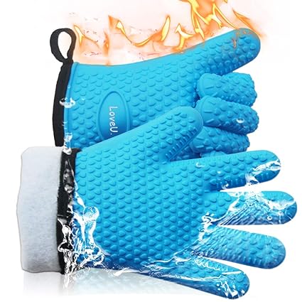 LoveU. Oven Mitts - Silicone and Cotton Double-layer Heat Resistant Gloves / Silicone Gloves / Oven Gloves / BBQ Gloves - Perfect for Baking and Grilling - 1 Pair (Blue)