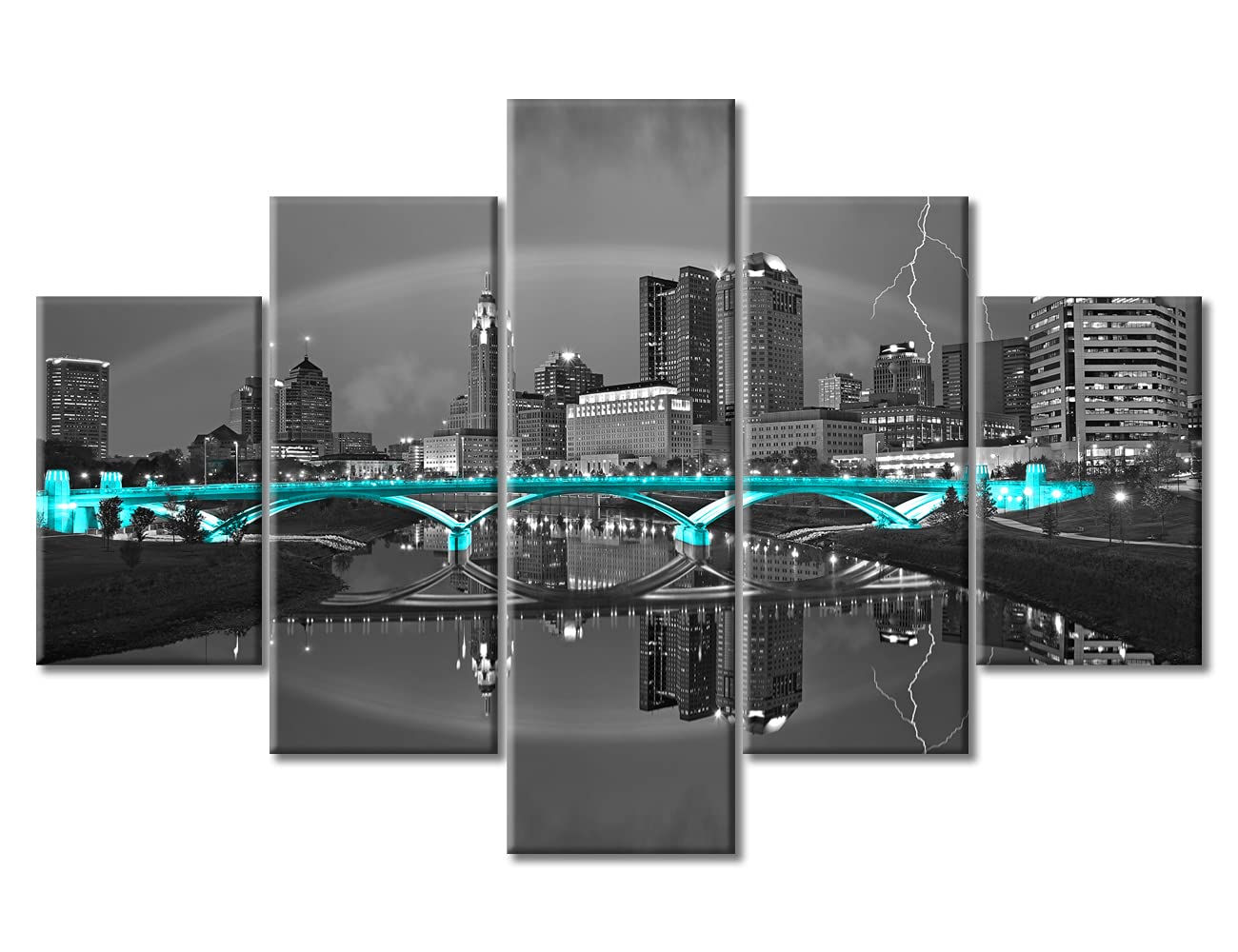 Scioto River Home Decor Downtown Columbus Ohio Skyline Black and White Wall Art Rich Street Bridge Bedroom Decor 5 Piece Pictures Print On Canvas Art Stretched and Framed Ready to Hang (60''Wx 40''H)
