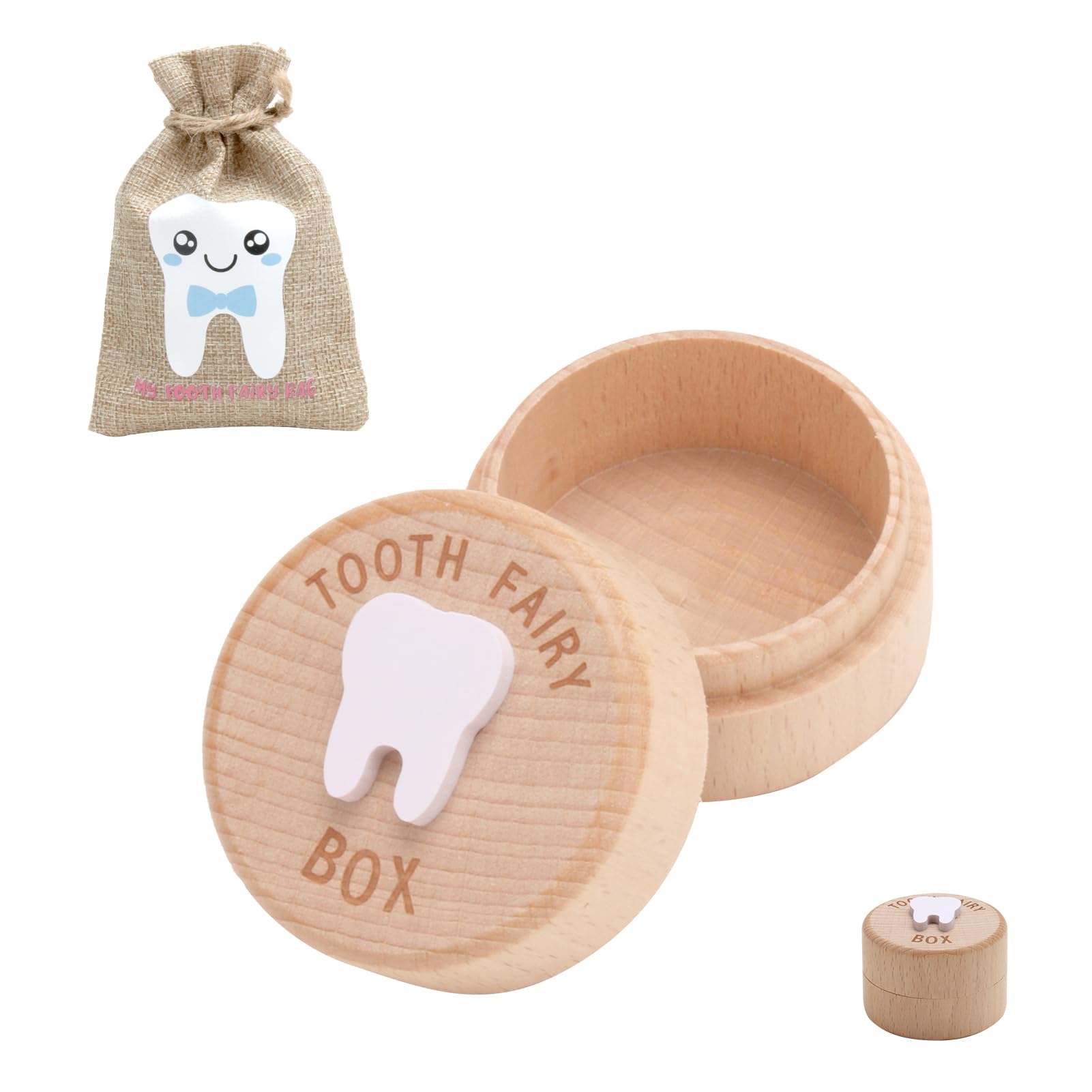 Mantoto Tooth Fairy Kit - 2 Piece Set including Cute Box and Bag, 3D Carved Wooden Storage for Dropped Teeth (Blue)