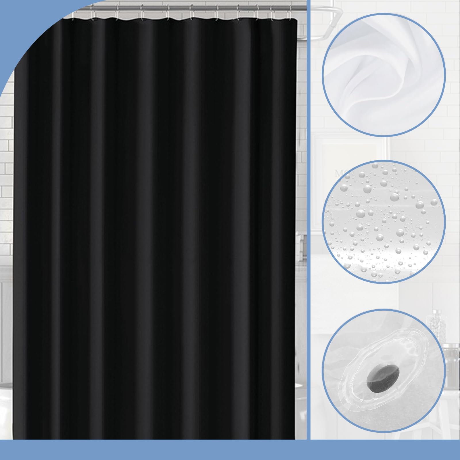 COSORO PEVA Shower Curtain 180x180cm,Heavy Duty Plastic Black Weighted Shower Curtains Mould Proof Resistant Waterproof Bath Curtains with 3 Magnet 12 Hooks for Wet Room,Bathroom,Shower Stall,Bath Tub - Image 2