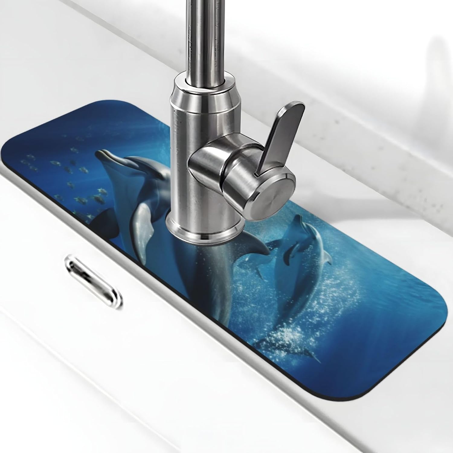 Faucet Mat for Kitchen Sink, Super Absorbent Sink Splash Guard, Fast Drying Mat Cute Dolphins Sink Gadgets Splash Guard Behind Faucet Drip Catcher for Bathroom, 15"x 5.5"