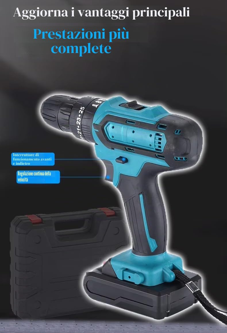 Trapano elettrico senza fili con 2 batterie da 21 V 1200 mAh, set di trapano elettrico da 38 Nm 32-in-1, trapano ad impulsi senza fili con 25 + 3 coppie di torsione, mandrino senza chiave da 1-10 mm