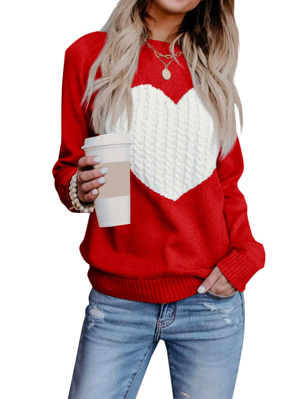 Heart Sweater for Women Valentines Day Gifts for Her Red Sweaters Crewneck Long Sleeve Lightweight Cute Tops