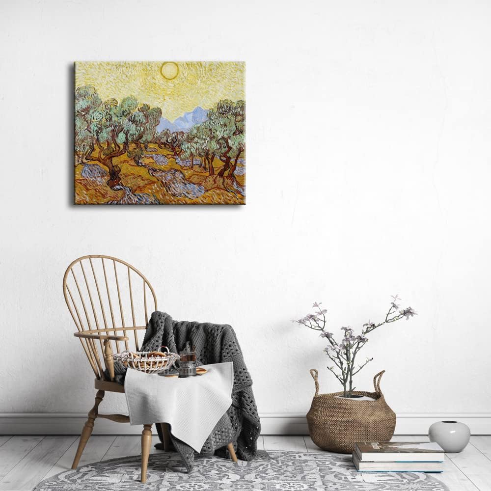 Wieco Art Olive Trees with Yellow Sky and Sun Canvas Print of Vincent Van Gogh Famous Oil Paintings Reproduction Classic Pictures Artwork Canvas Prints Wall Art for Home Decorations 24"L x 20"W