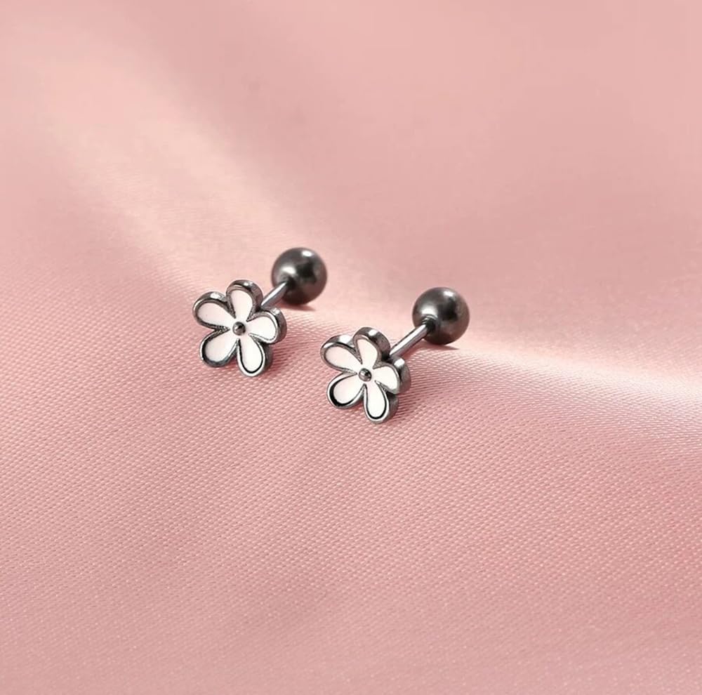 18G Cute Flower Cartilage Mini Stud Earrings for Women Teen Girls Hypoallergenic 925 Sterling Silver Enamel White Flowers Black Gold Plated Tiny Ball Screw Back Tragus Helix Sleeper Studs Earring - Image 6