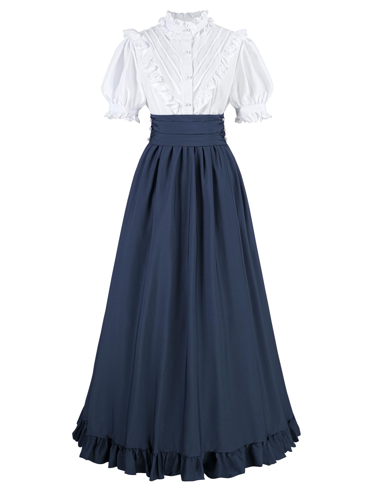 NSPSTT Victorian Dress for Women 2-Piece Short Sleeve Dress Set with Blouse & Skirt for Halloween or Parties Blue S