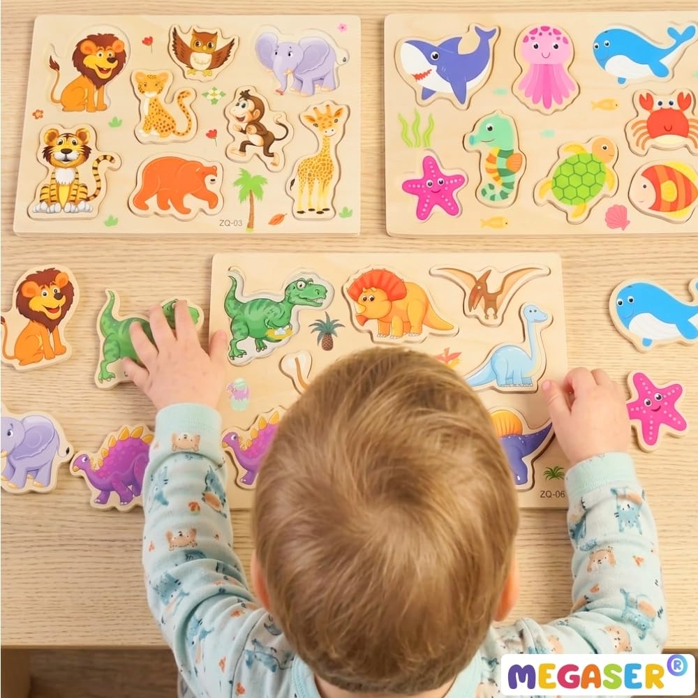 Pack 3 Puzzle Madera Niños y Niñas 1, 2 y 3 años, Puzzles Encajables 24 Animales Coloridos, Puzzle Madera Bebé 1 año, 2 años y 3, Guardería, Regalos Cumpleaños Infantil Educativos (Set 3 Puzzles)