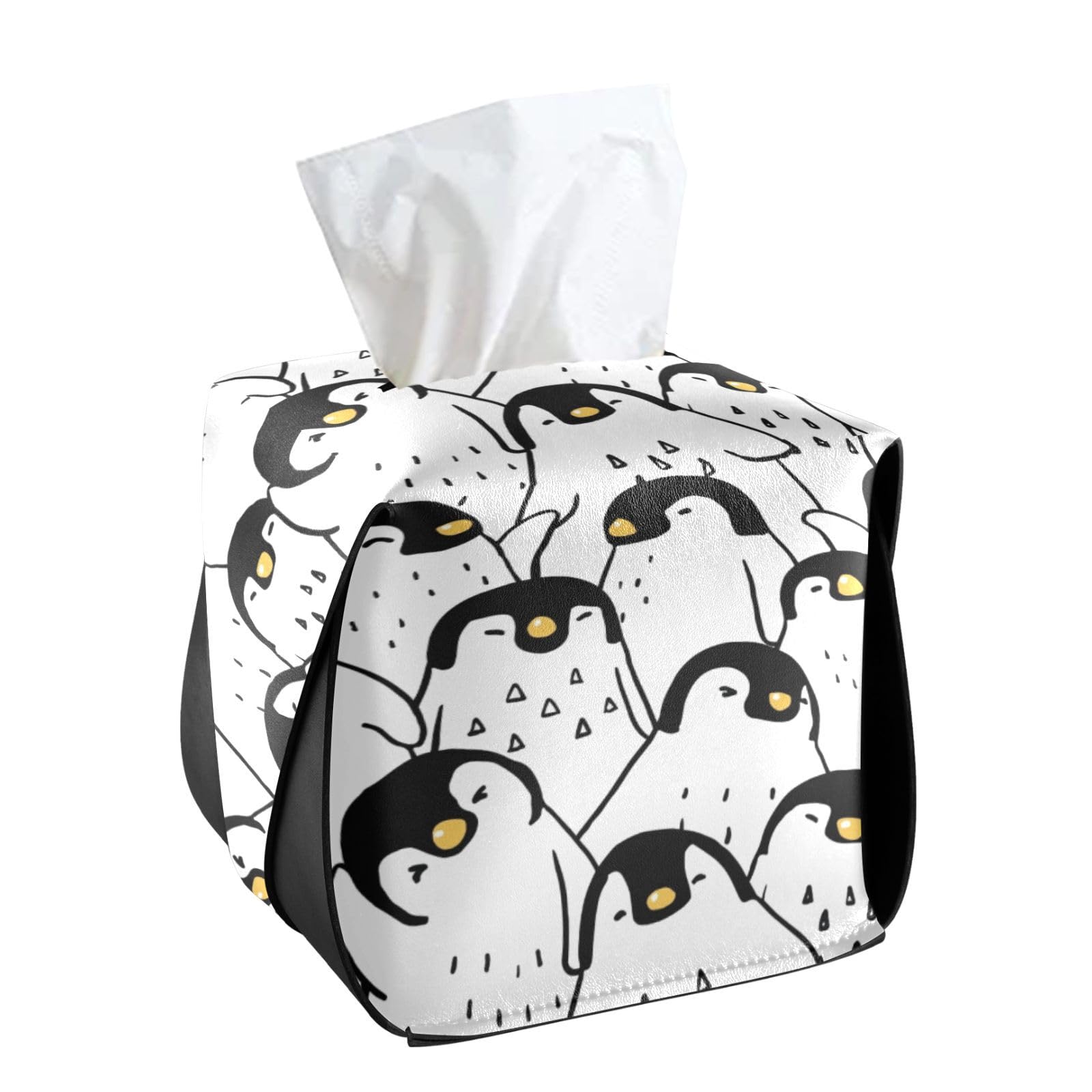 Housse De Boîte à Mouchoirs Carrée Motif Pingouin Et Neige - En PVC Cuir, Ouverture Par Le Bas